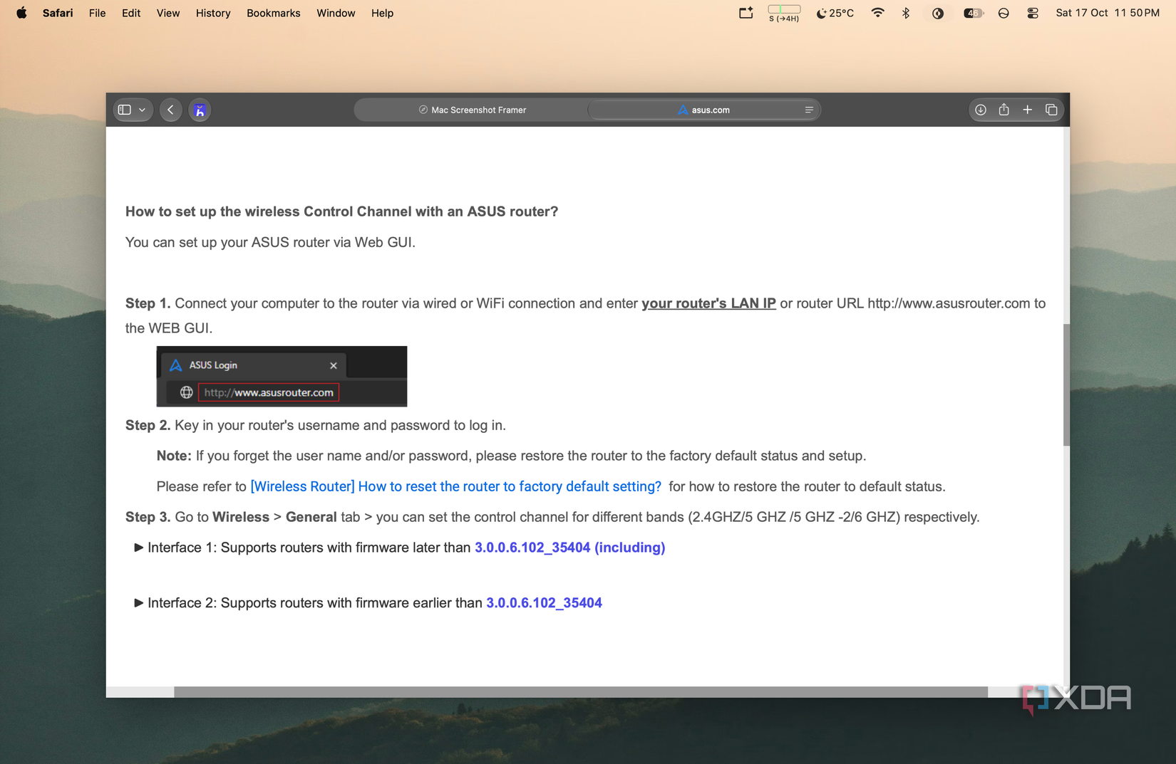 screenshot of the asus router wireless general page with the 2.4 GHz control channel dropdown
