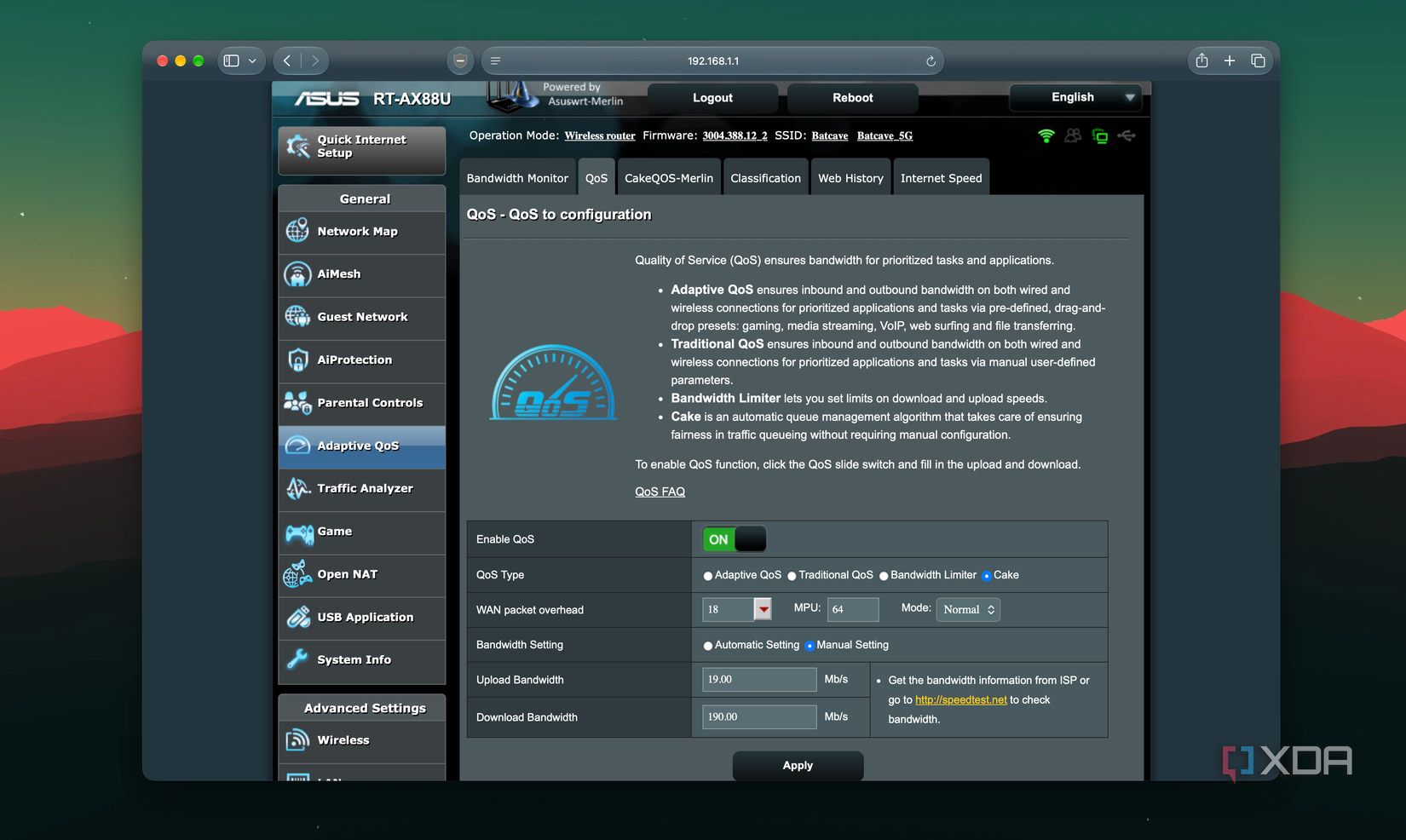 Settings menu on Asus router