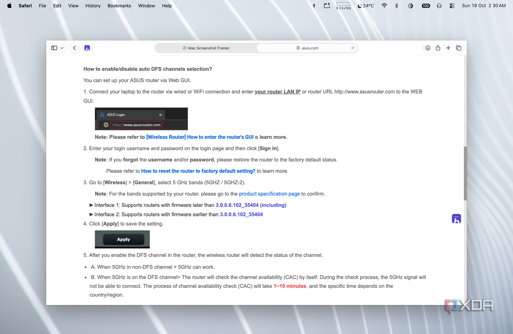 screenshot of asus router wireless general settings with the dfs auto channel checkbox