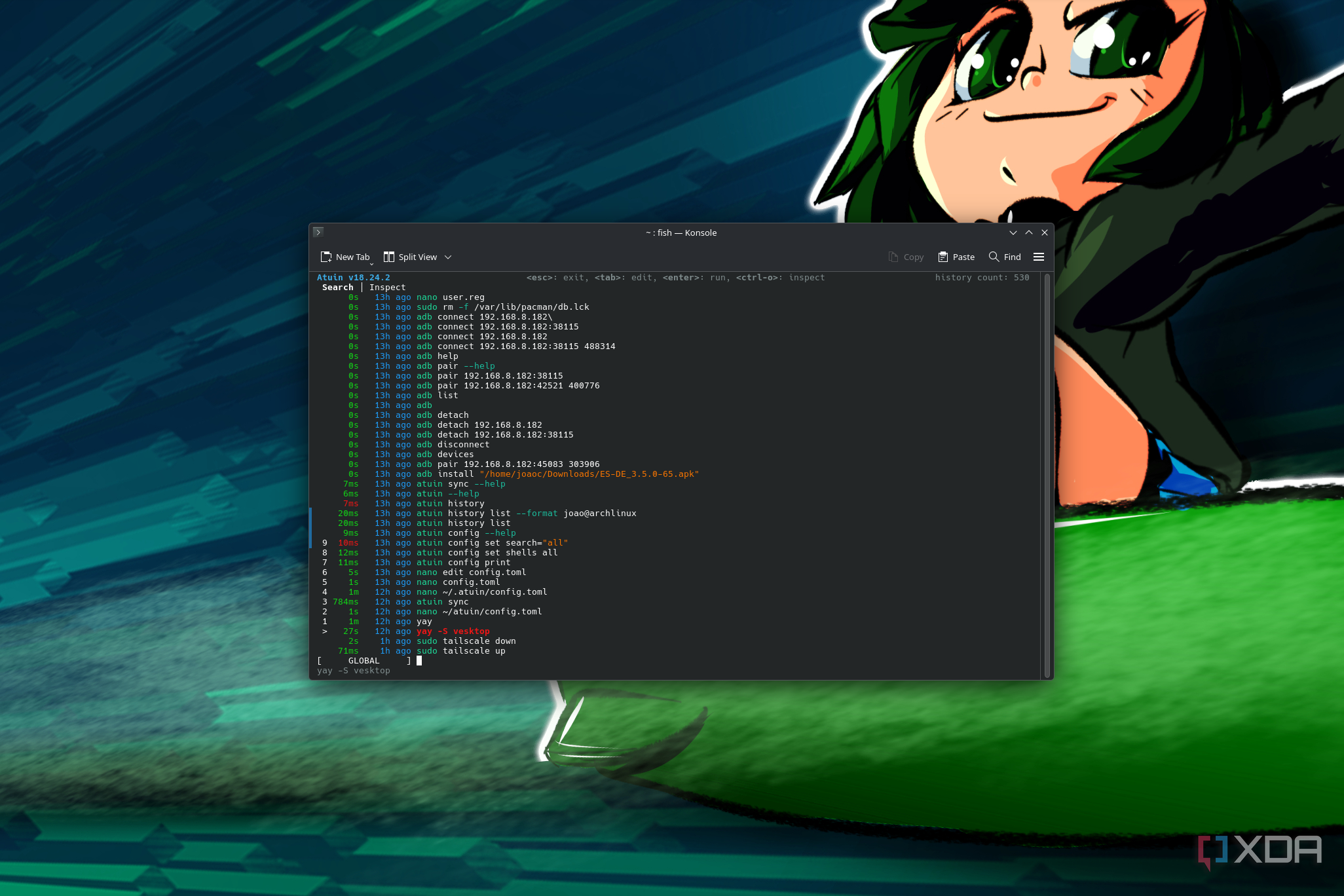 Screenshot of a terminal on Linux showing a history of commands from all connected devices through Atuin