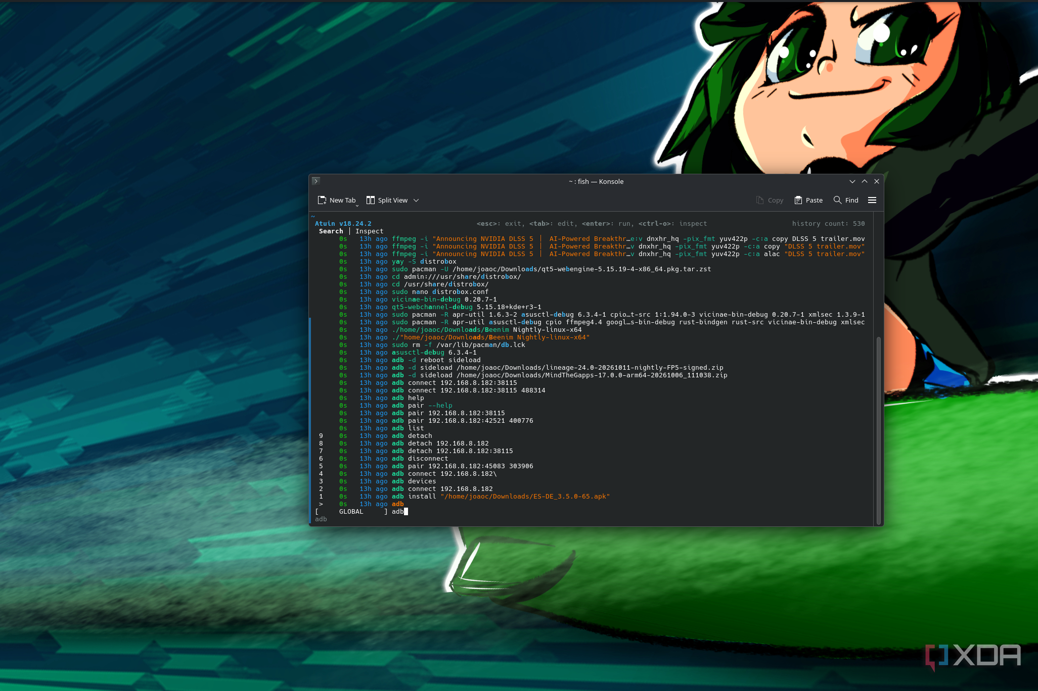 Screenshot of a terminal on Linux showing search results for commands from all connected devices through Atuin
