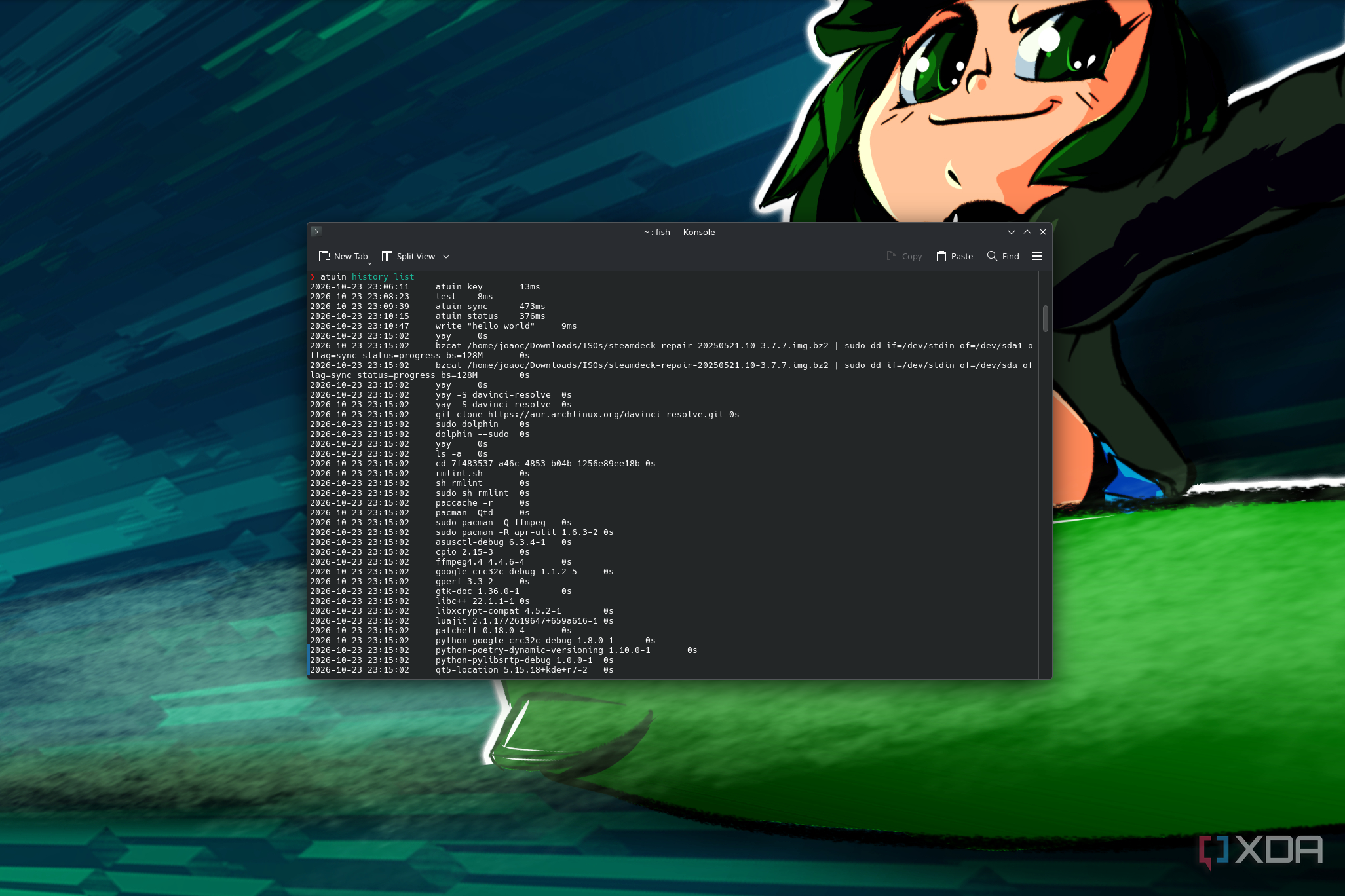 Screenshot of a Linux terminal showing a history of commands after using the atuin history list command