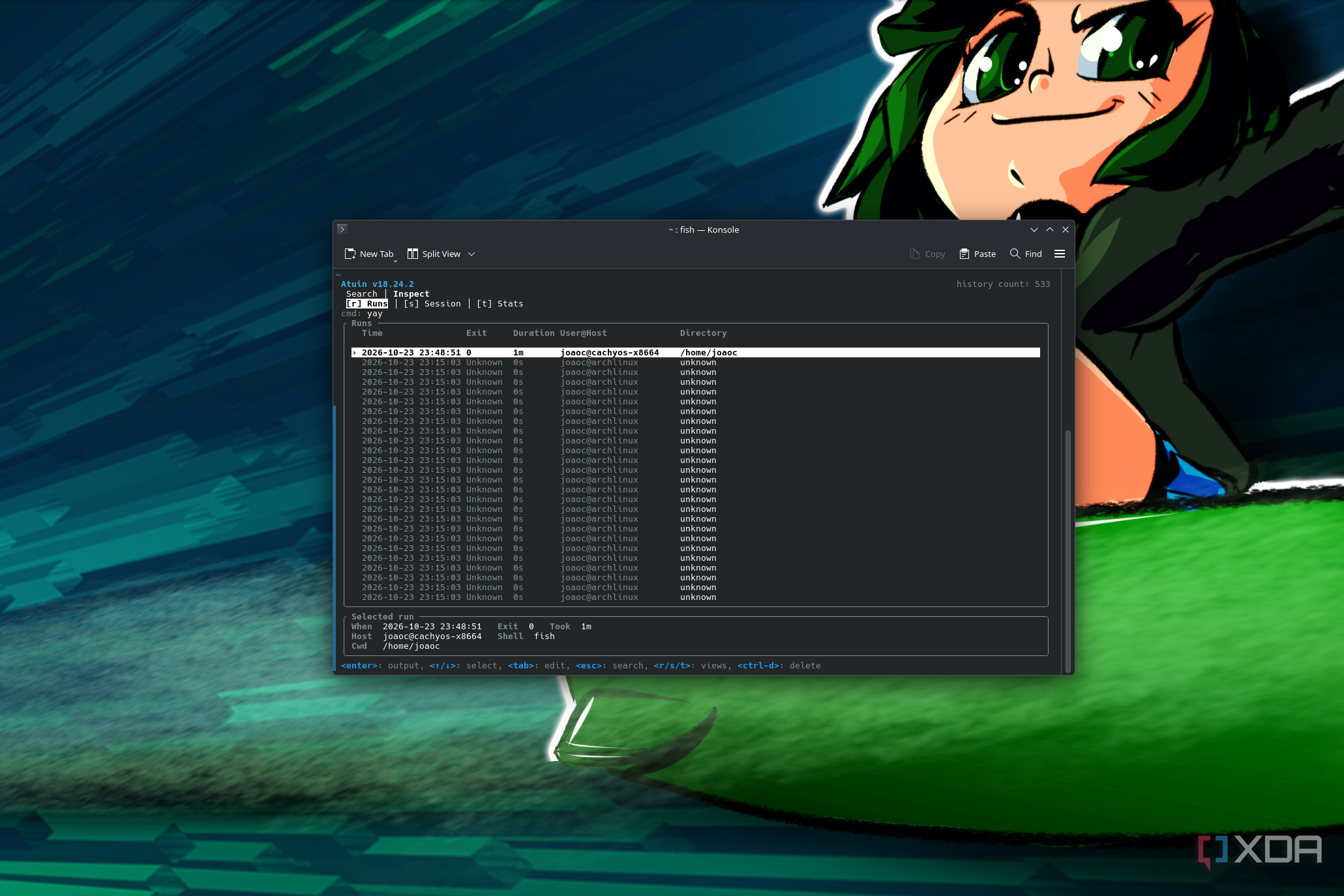 Screenshot of a Linux terminal using Atuin to inspect a previously-used command, showing how many times it's been run and which devices used it