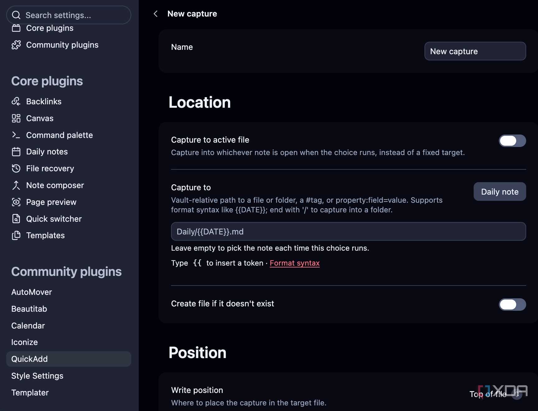 QuickAdd plugin location