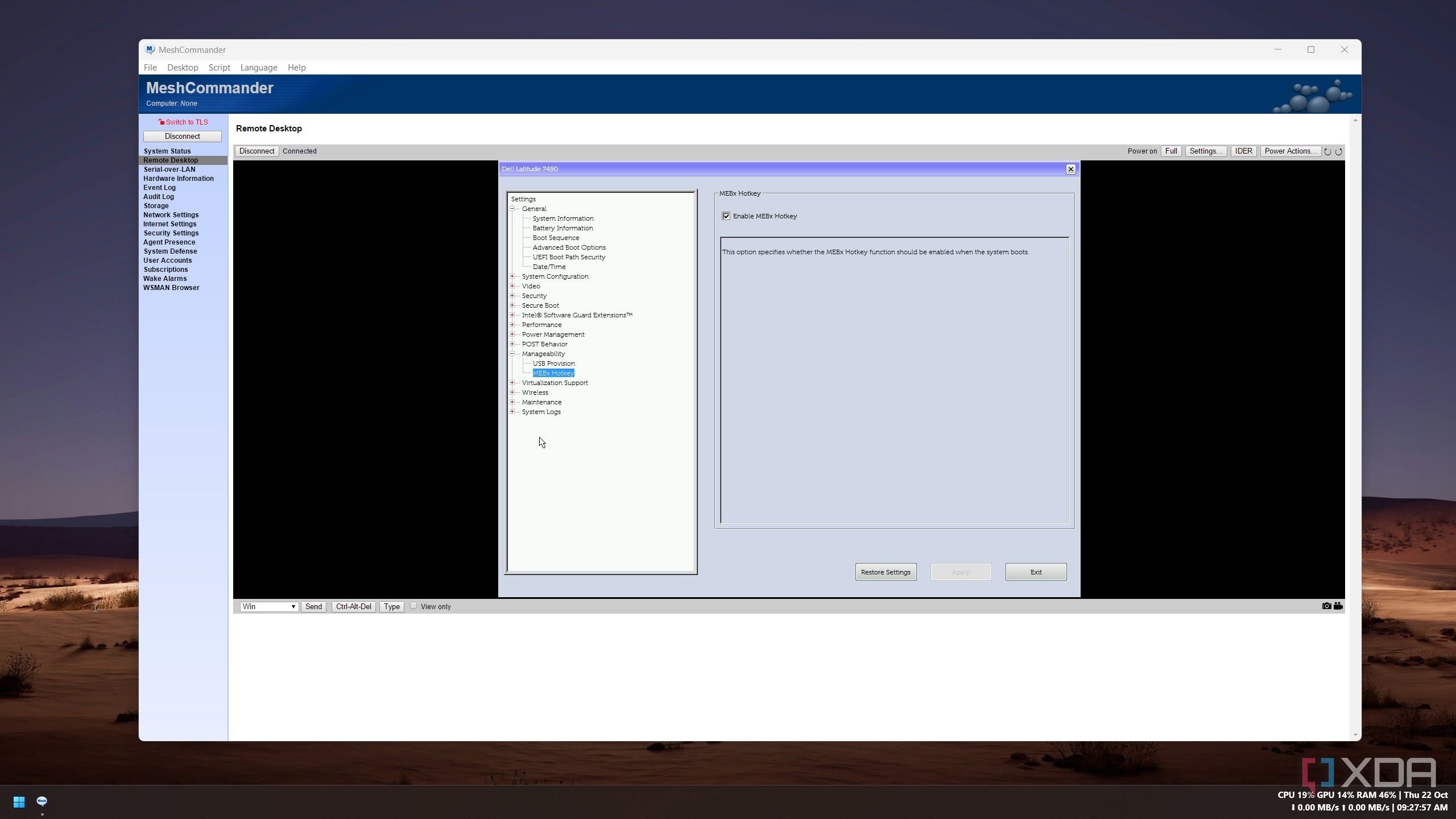 Dell BIOS Manageability menu with the Enable MEBx Hotkey option checked