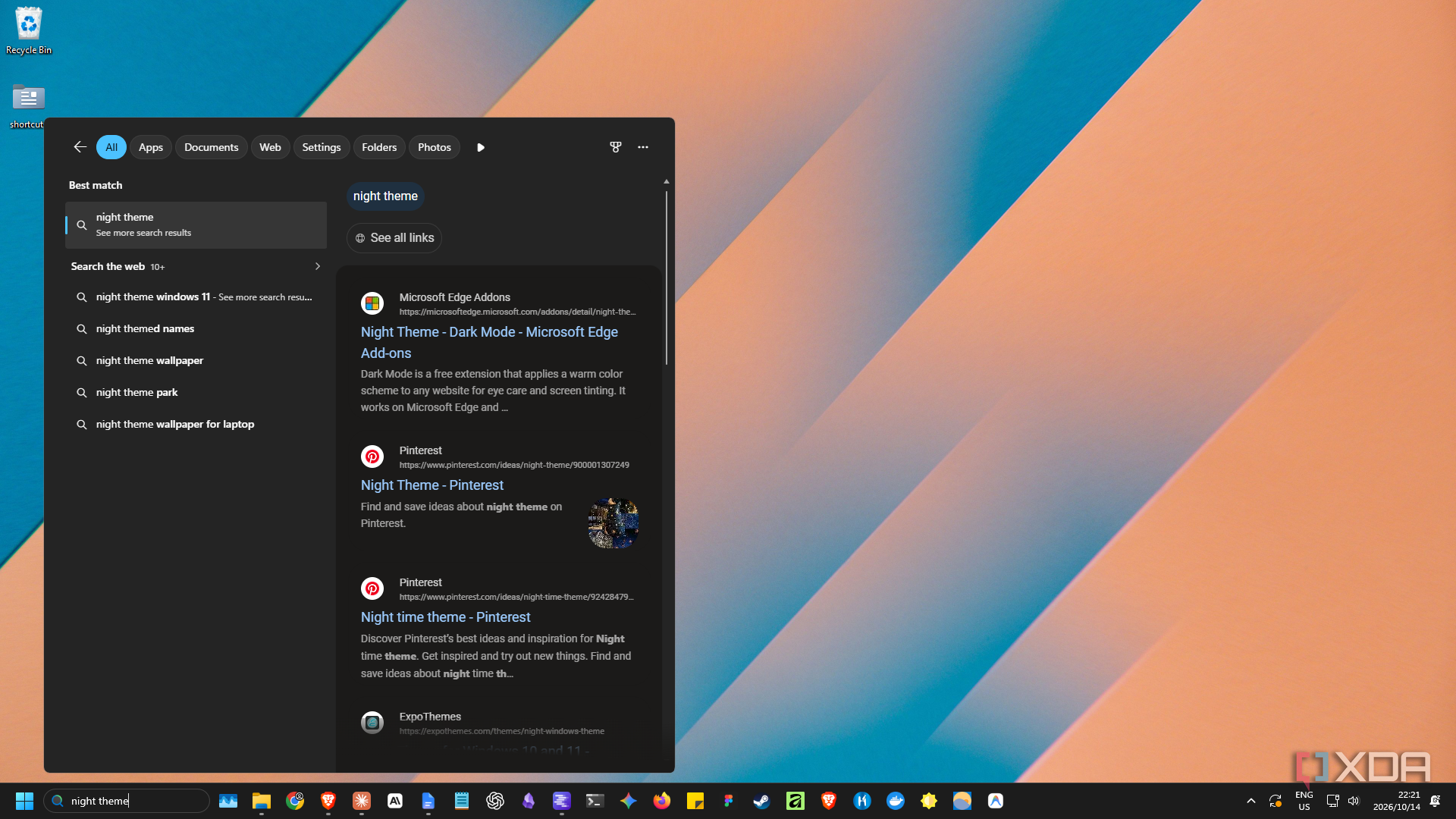 blank Windows Search result for night theme on desktop