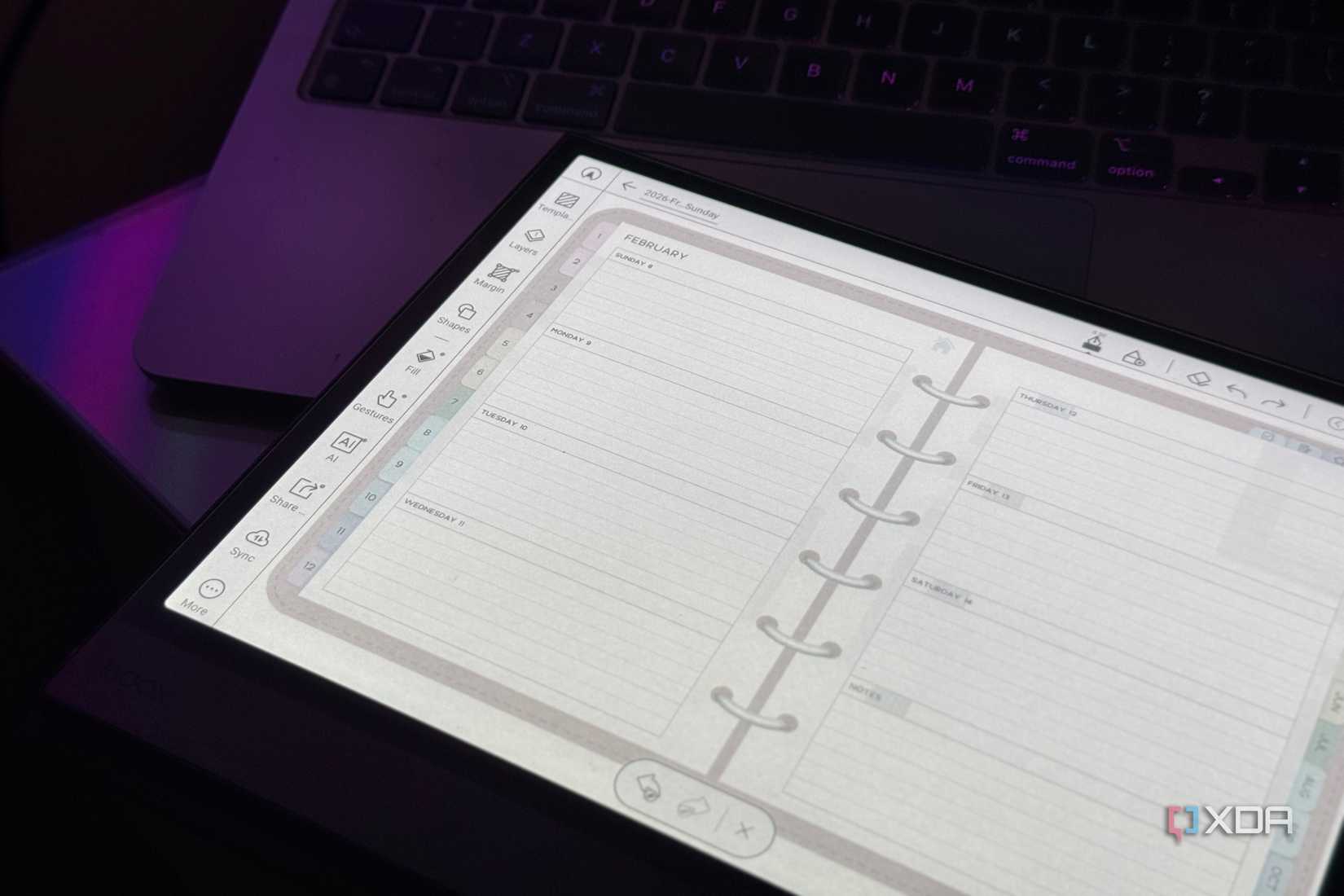 Boox tablet showing a February digital planner template in the Notes app