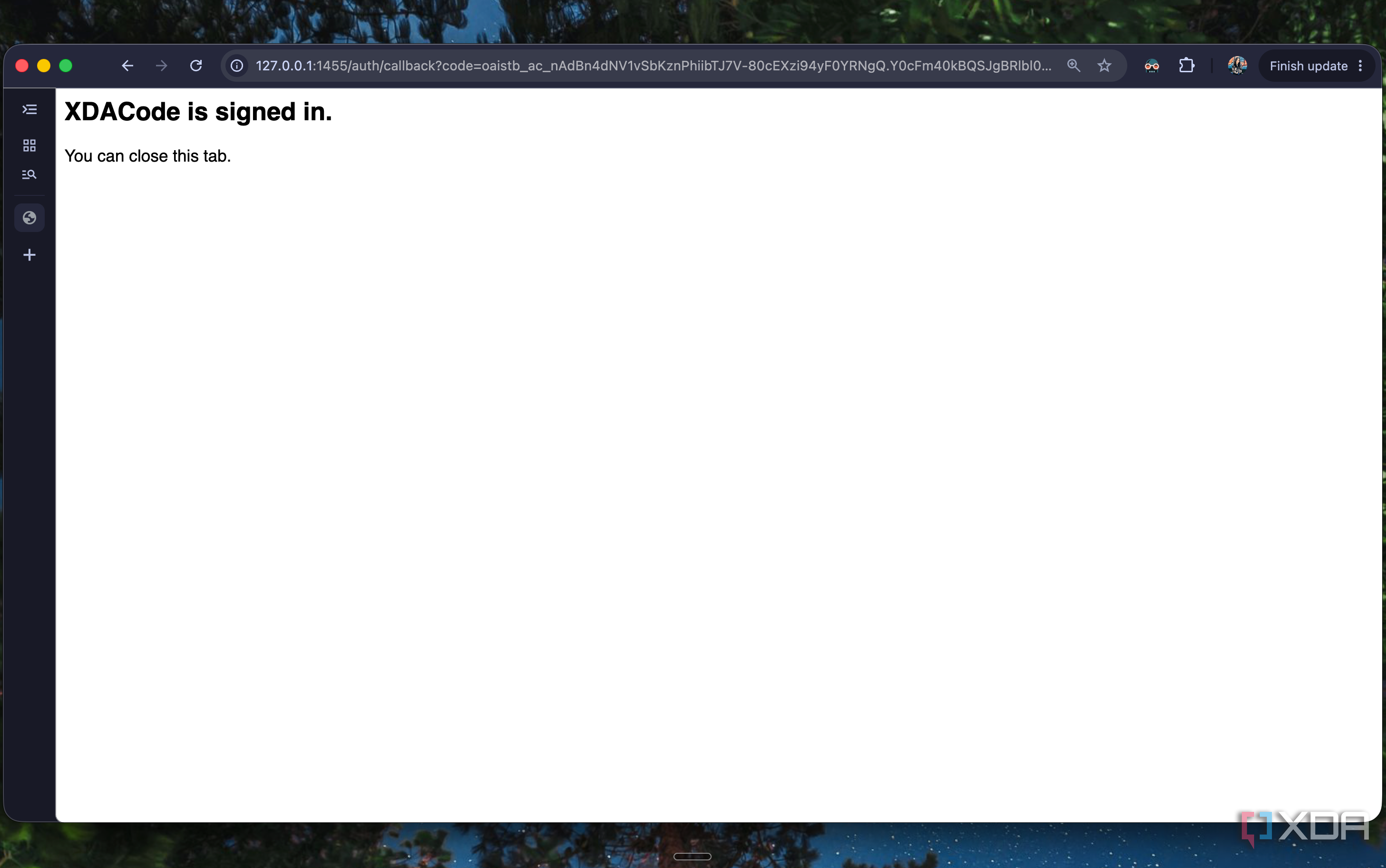 Browser localhost page confirming XDACode is signed in to ChatGPT