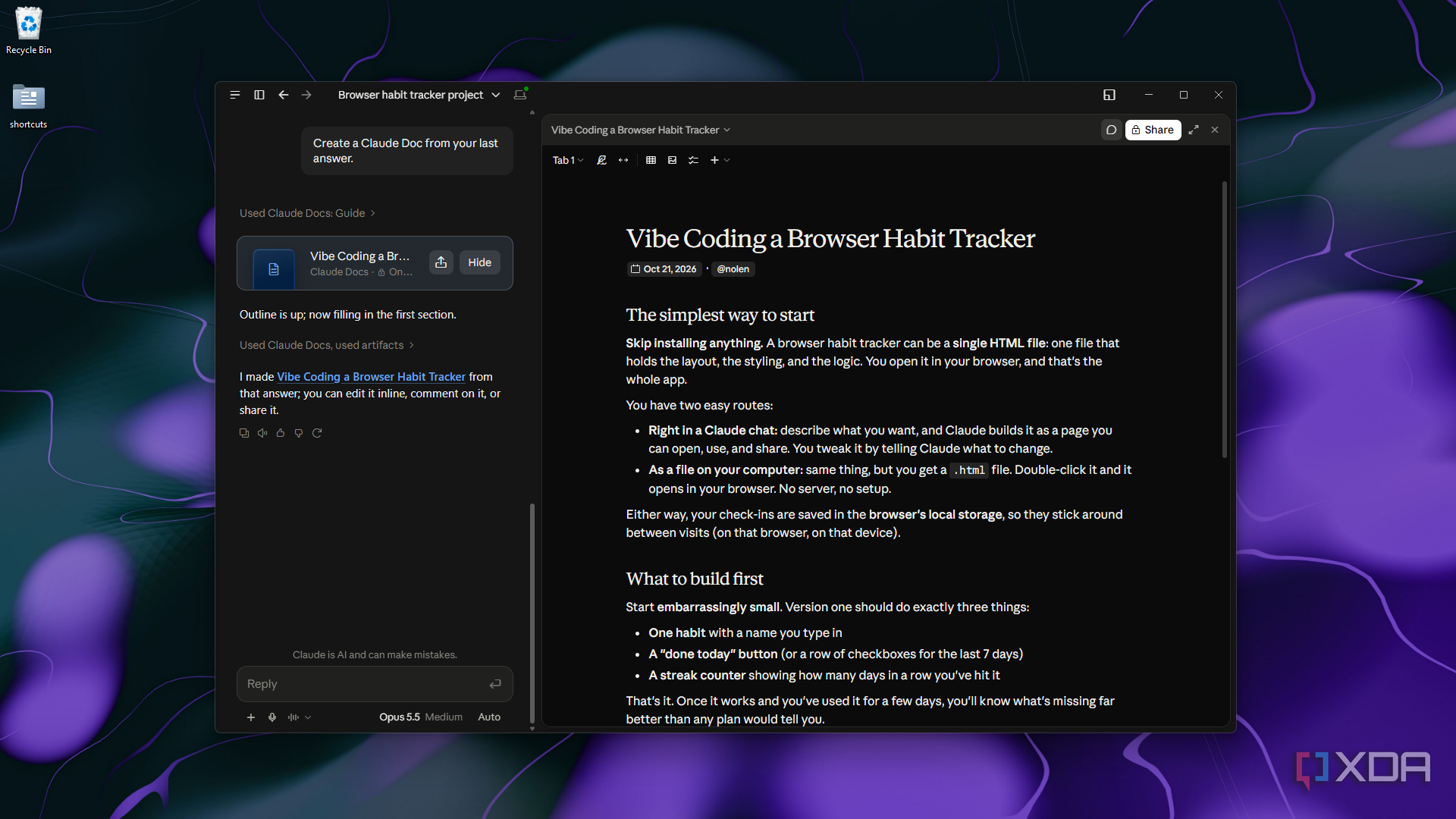 browsing the published Claude Doc beside chat in Claude Desktop