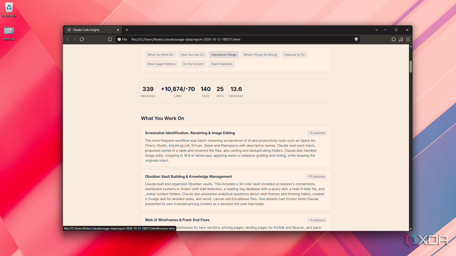 catalog of work topics in Claude Code Insights report