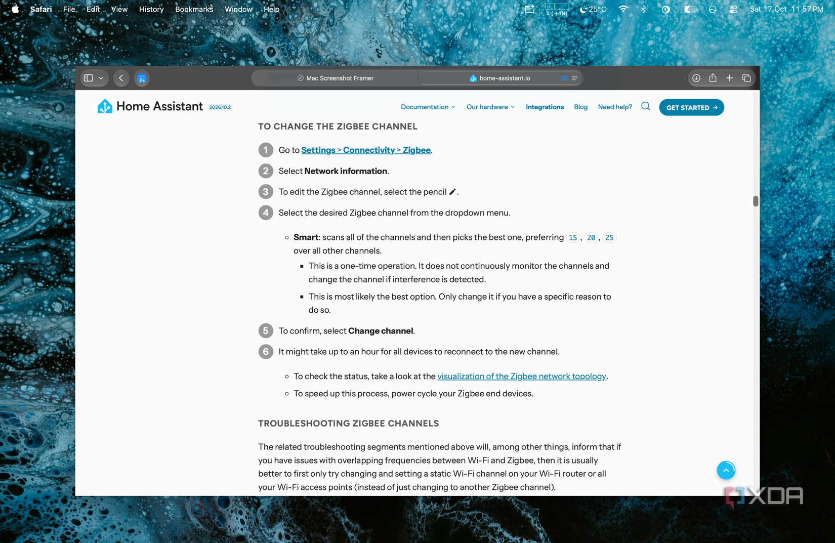 screenshot of the home assistant zha docs showing the steps to change the zigbee channel