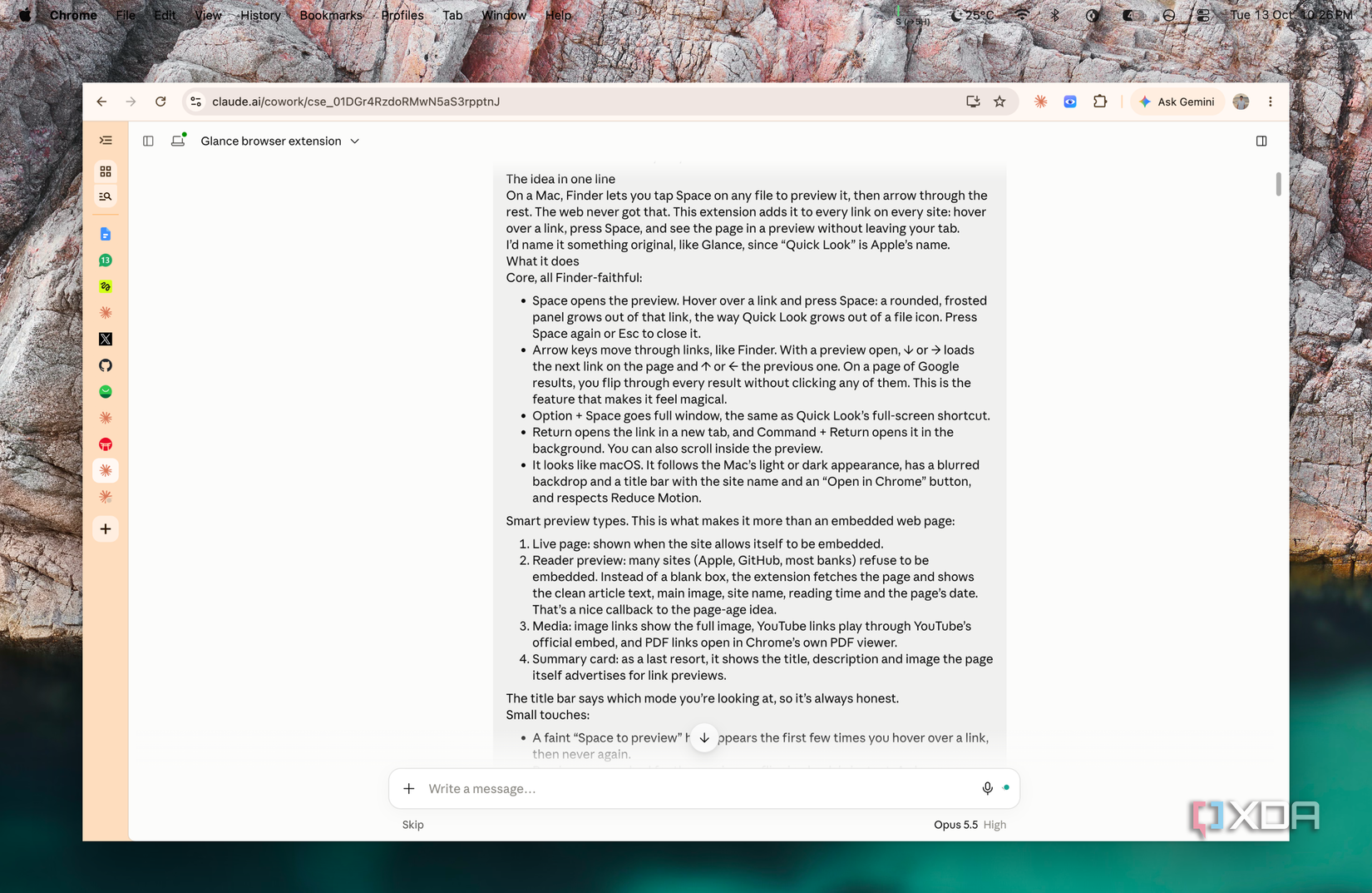 screenshot of the first prompt asking claude to build a link preview browser extension and the start of its plan