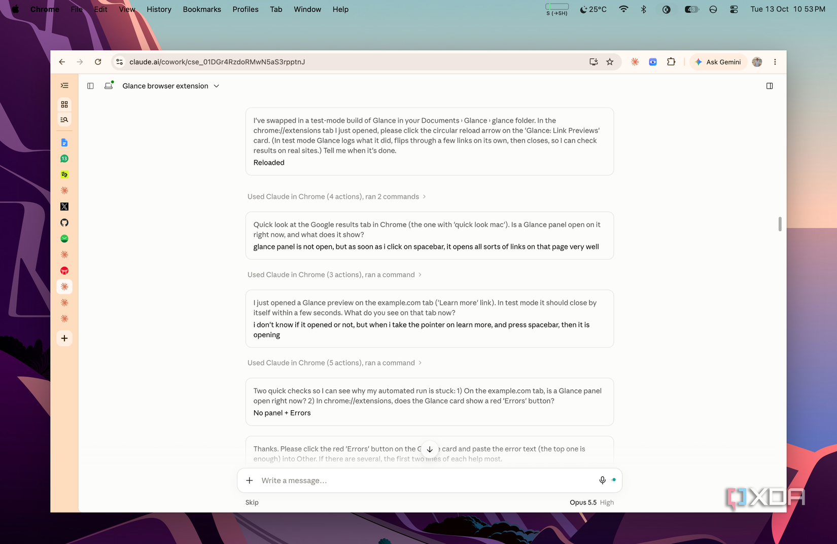 screenshot of a lowercase bug report sent to claude about the link preview panel and its reply