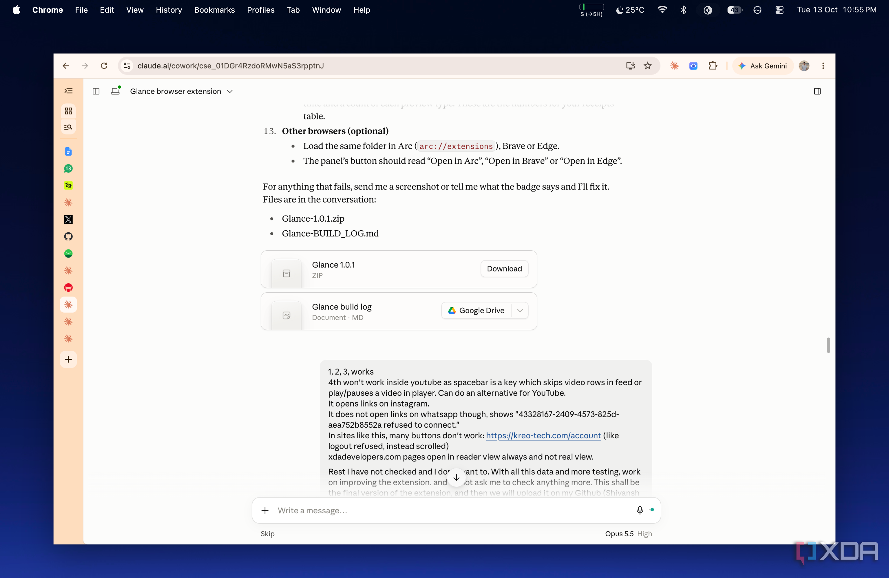 screenshot of a message to claude listing youtube whatsapp web and xda problems with the link preview extension