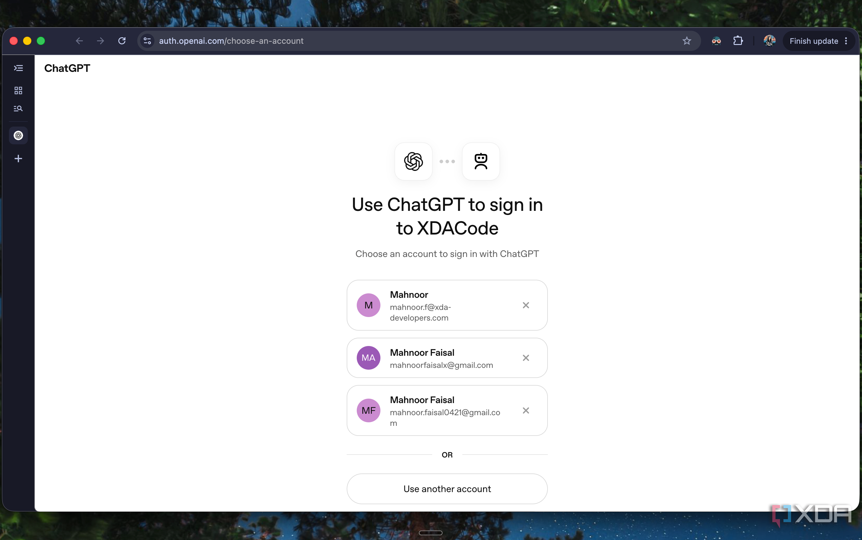 ChatGPT account chooser page for signing in to XDACode in Chrome