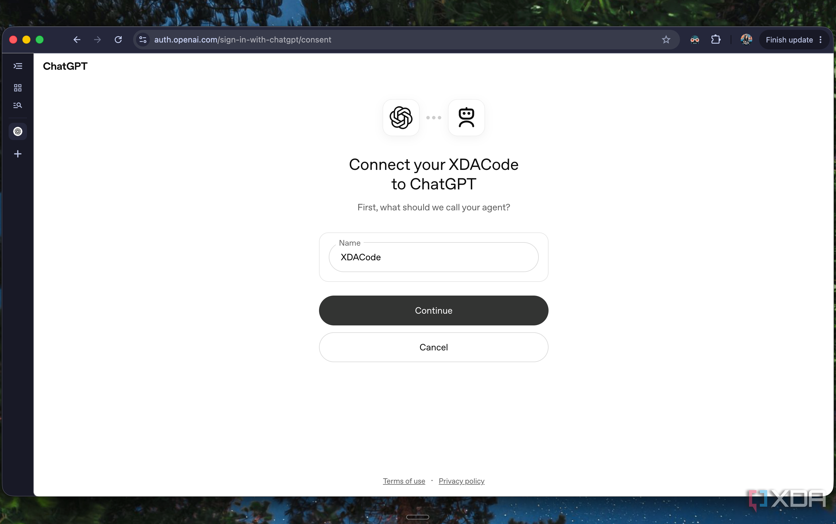 ChatGPT consent page asking what to name the XDACode agent