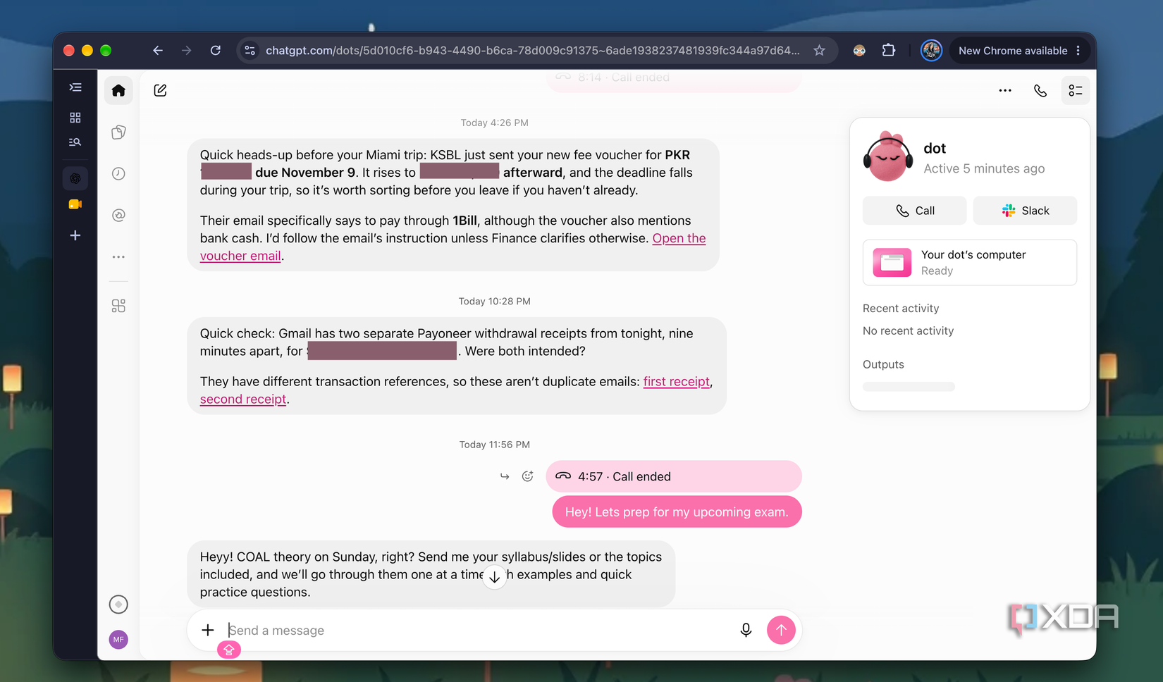 ChatGPT Dot повідомляє про студентську квитанцію з університету й розпочинає підготовку до екзамену