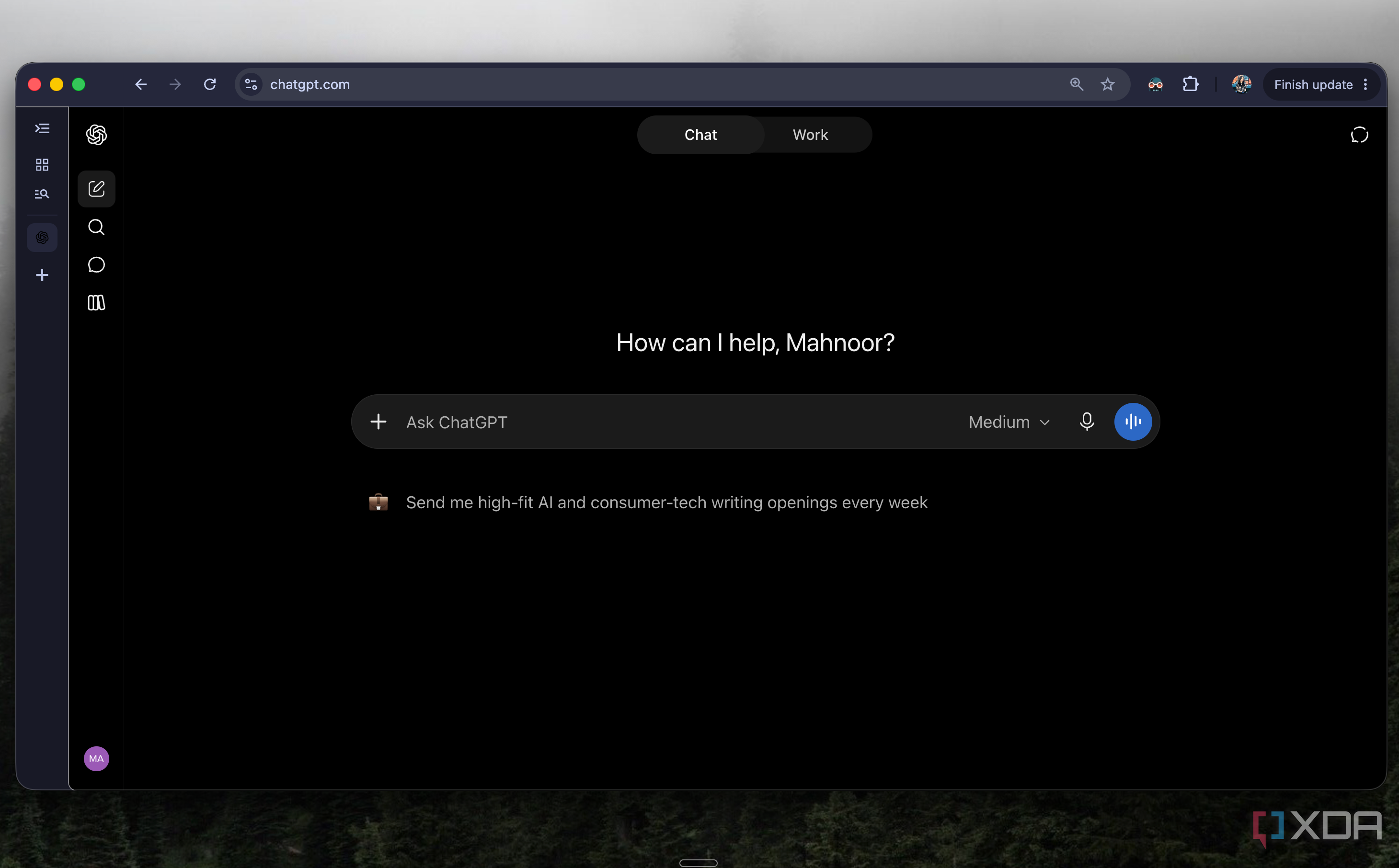 ChatGPT home page in Chrome with new Chat and Work tabs and an Ask ChatGPT prompt box