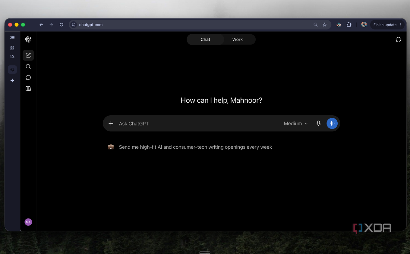 ChatGPT home page in Chrome with new Chat and Work tabs and an Ask ChatGPT prompt box