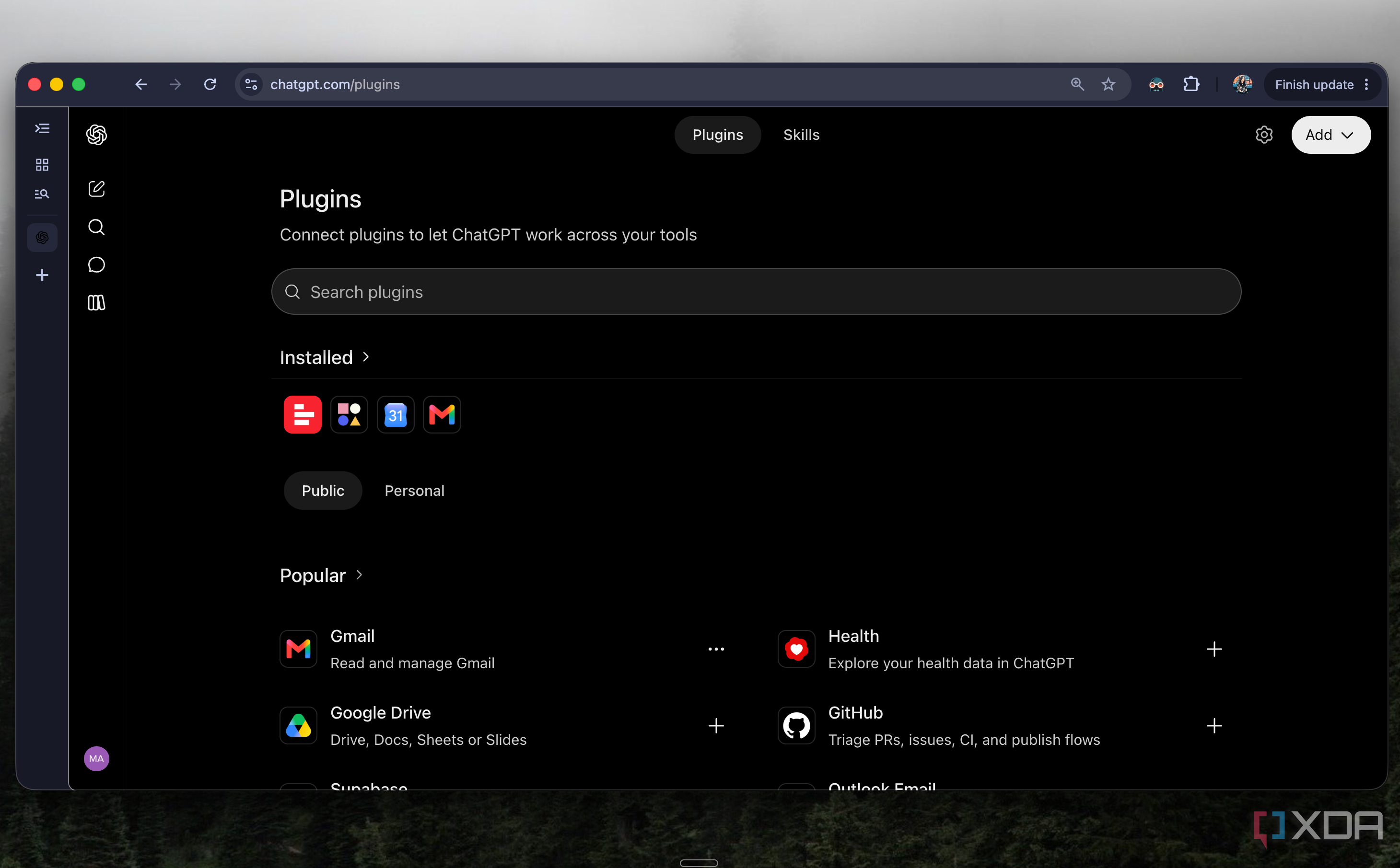 ChatGPT Plugins page in Chrome showing installed plugins and popular ones like Gmail and GitHub