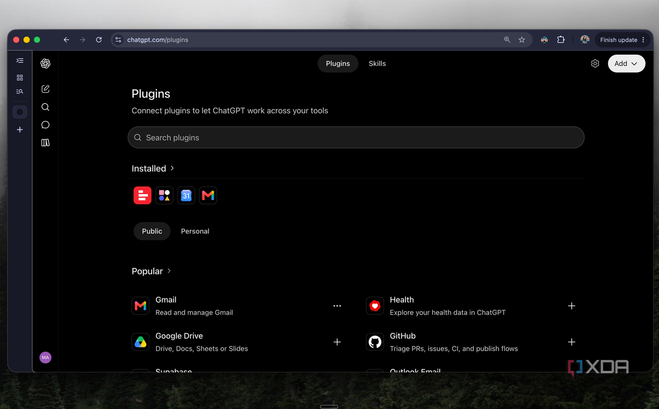 ChatGPT Plugins page in Chrome showing installed plugins and popular ones like Gmail and GitHub