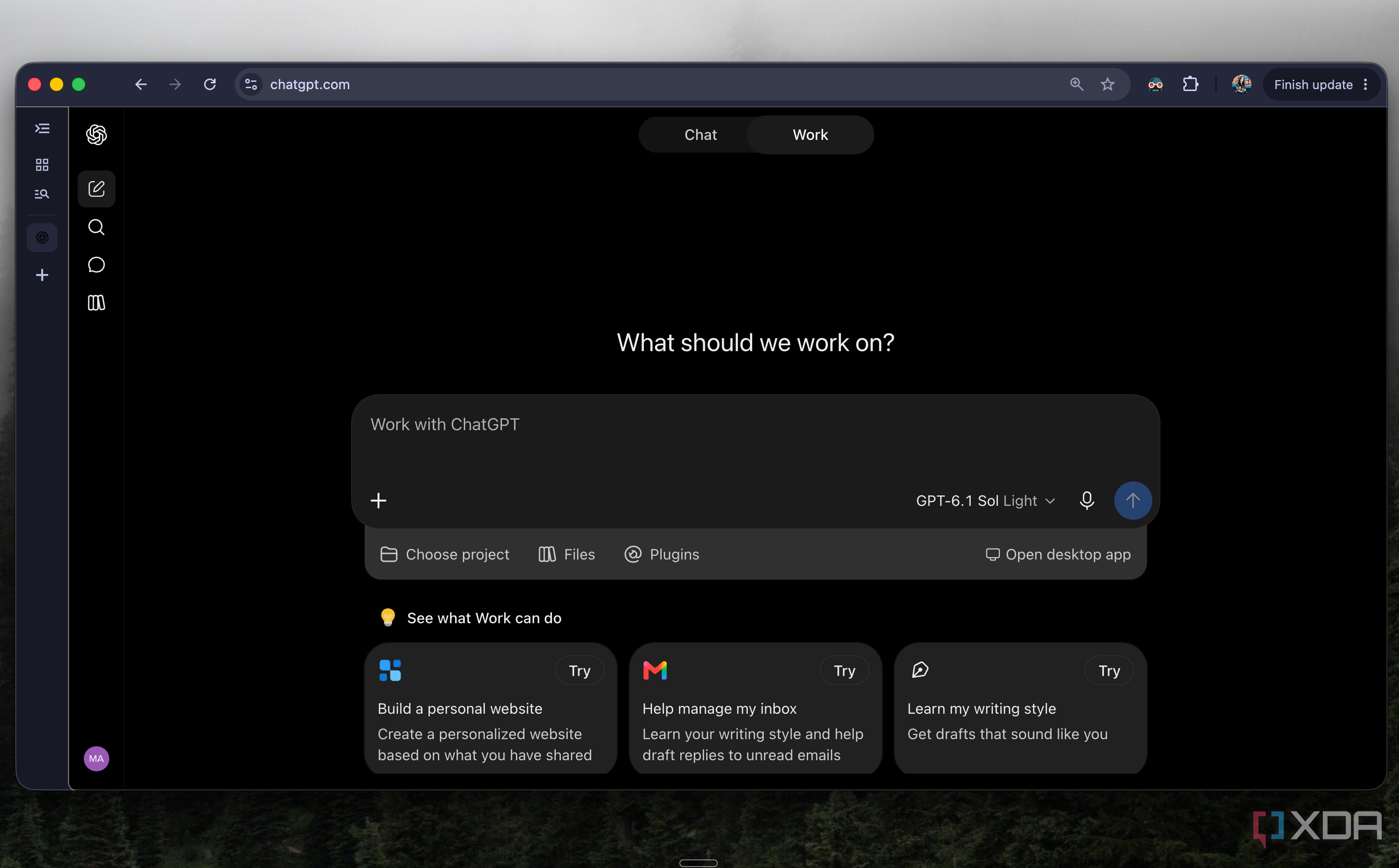 ChatGPT Work mode in Chrome asking what to work on, with project, file and plugin options