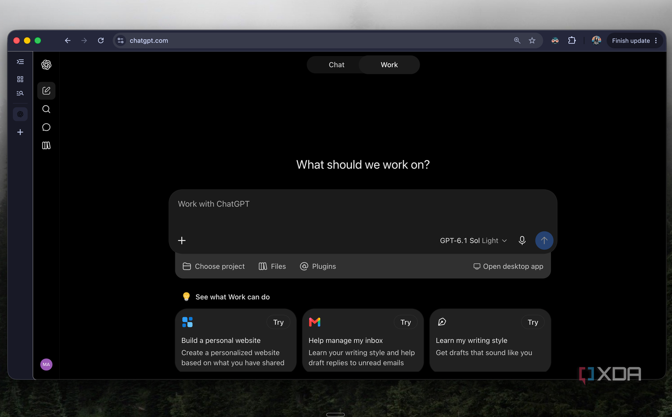 ChatGPT Work mode in Chrome asking what to work on, with project, file and plugin options