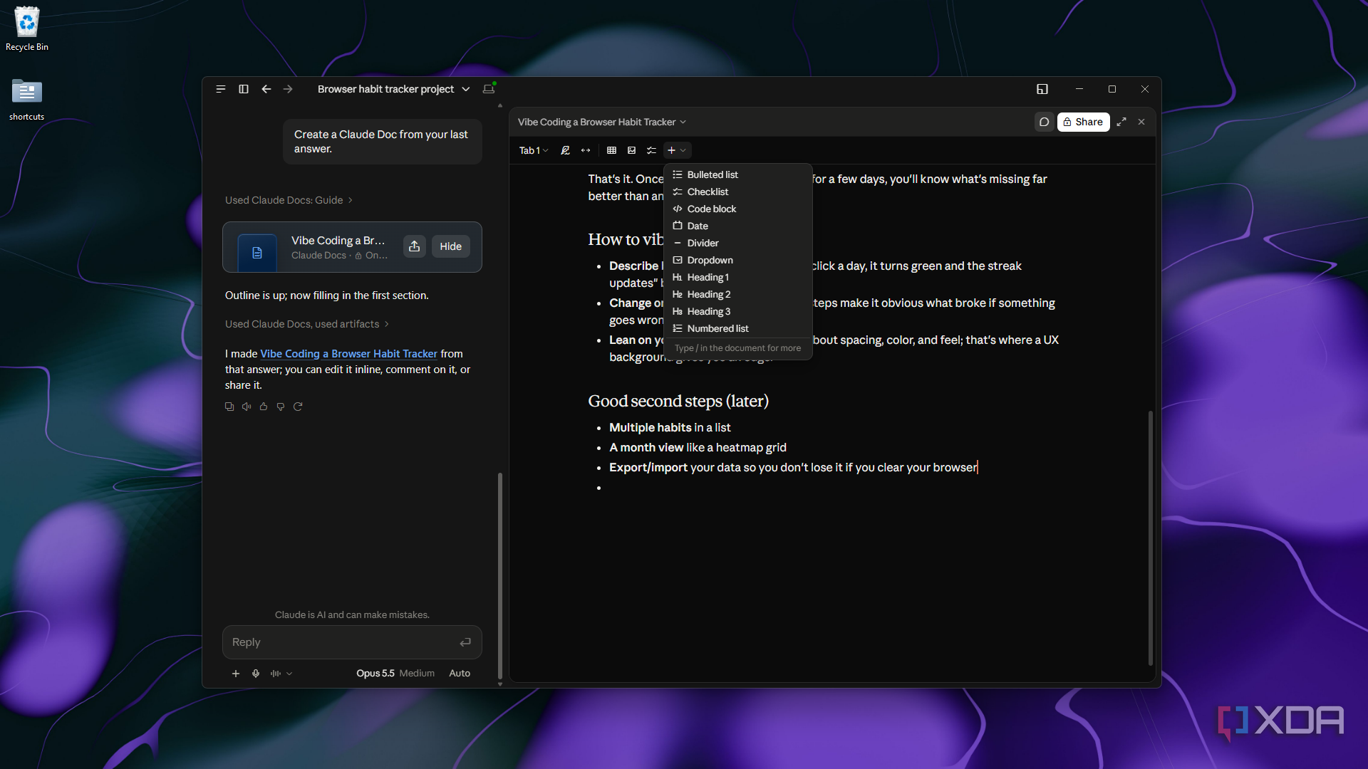 choosing a block type in Claude Docs editor