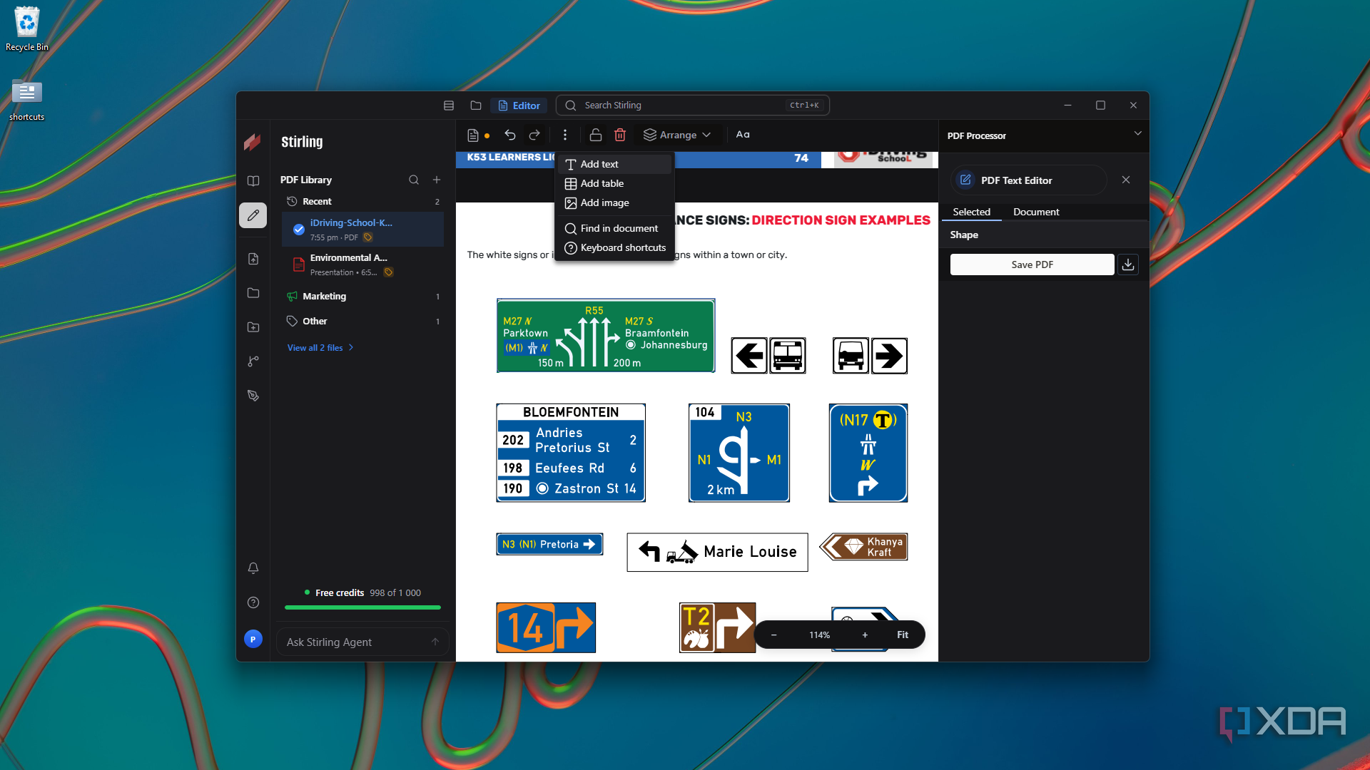choosing add text or image menu in Stirling editor