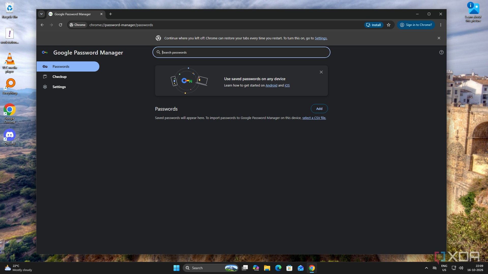 Chrome’s password manager with no saved passwords