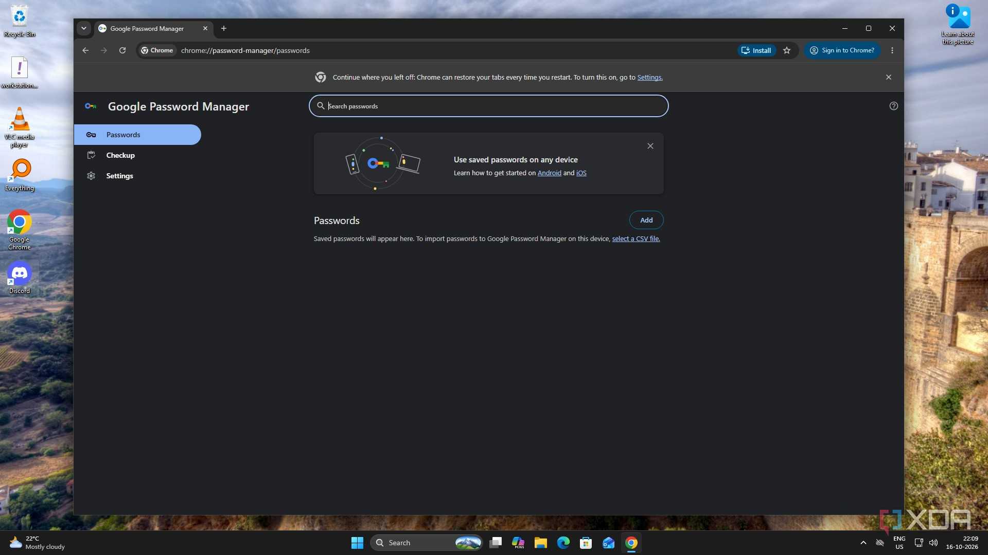 Chrome’s password manager with no saved passwords