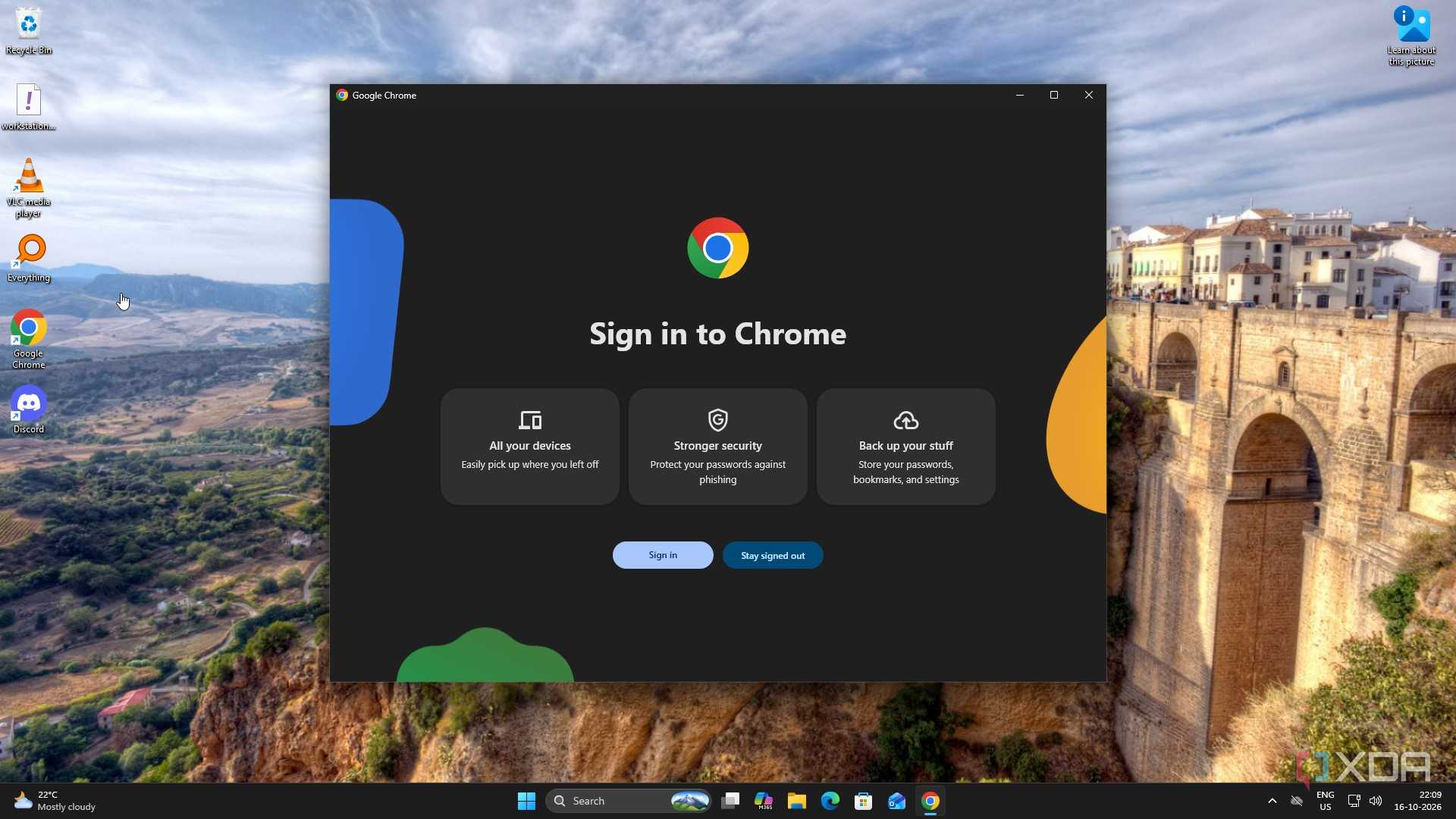 Chrome’s profile menu offering to sign in, with no bookmarks or history
