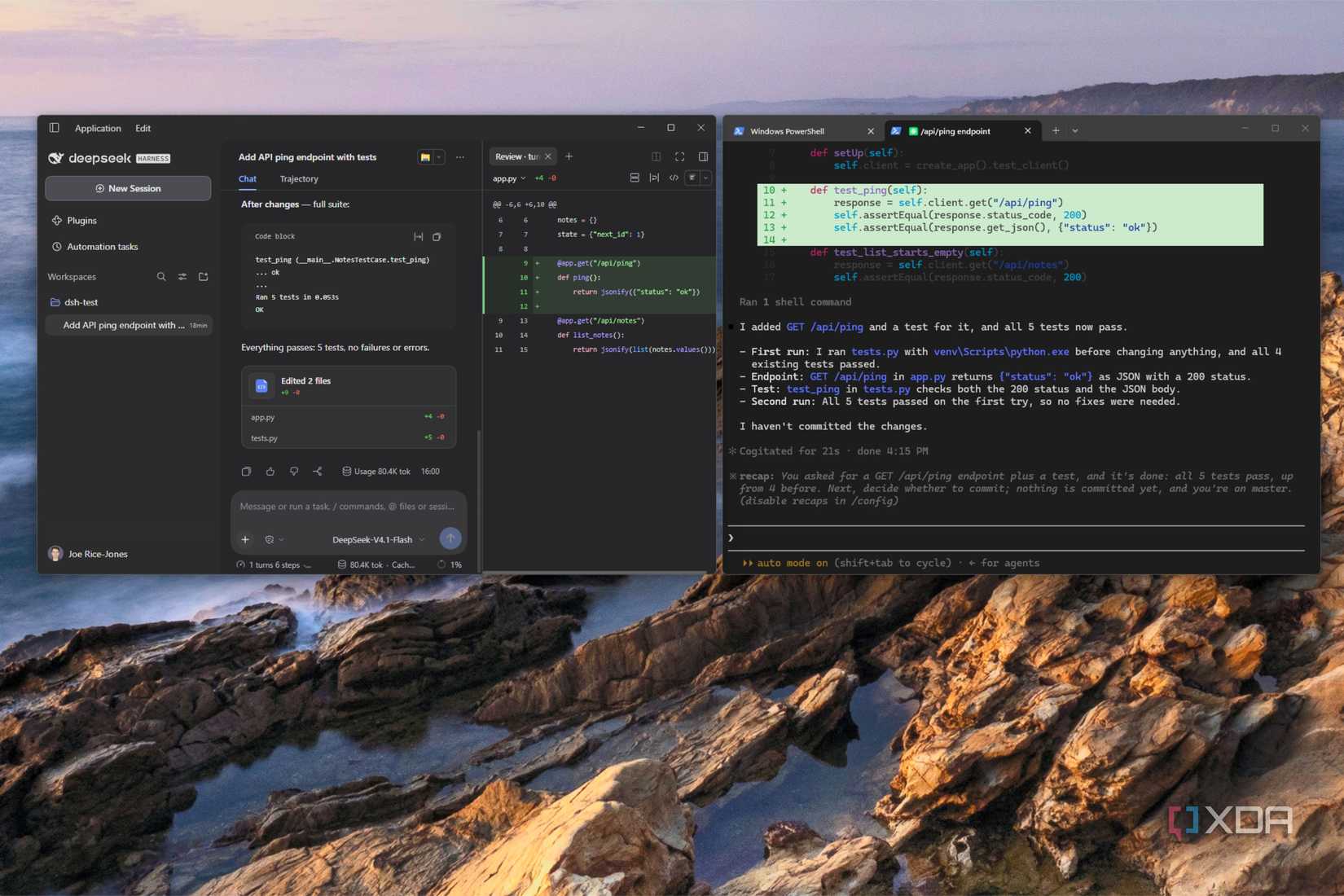 claude code and deepseek harness both showing identical code written