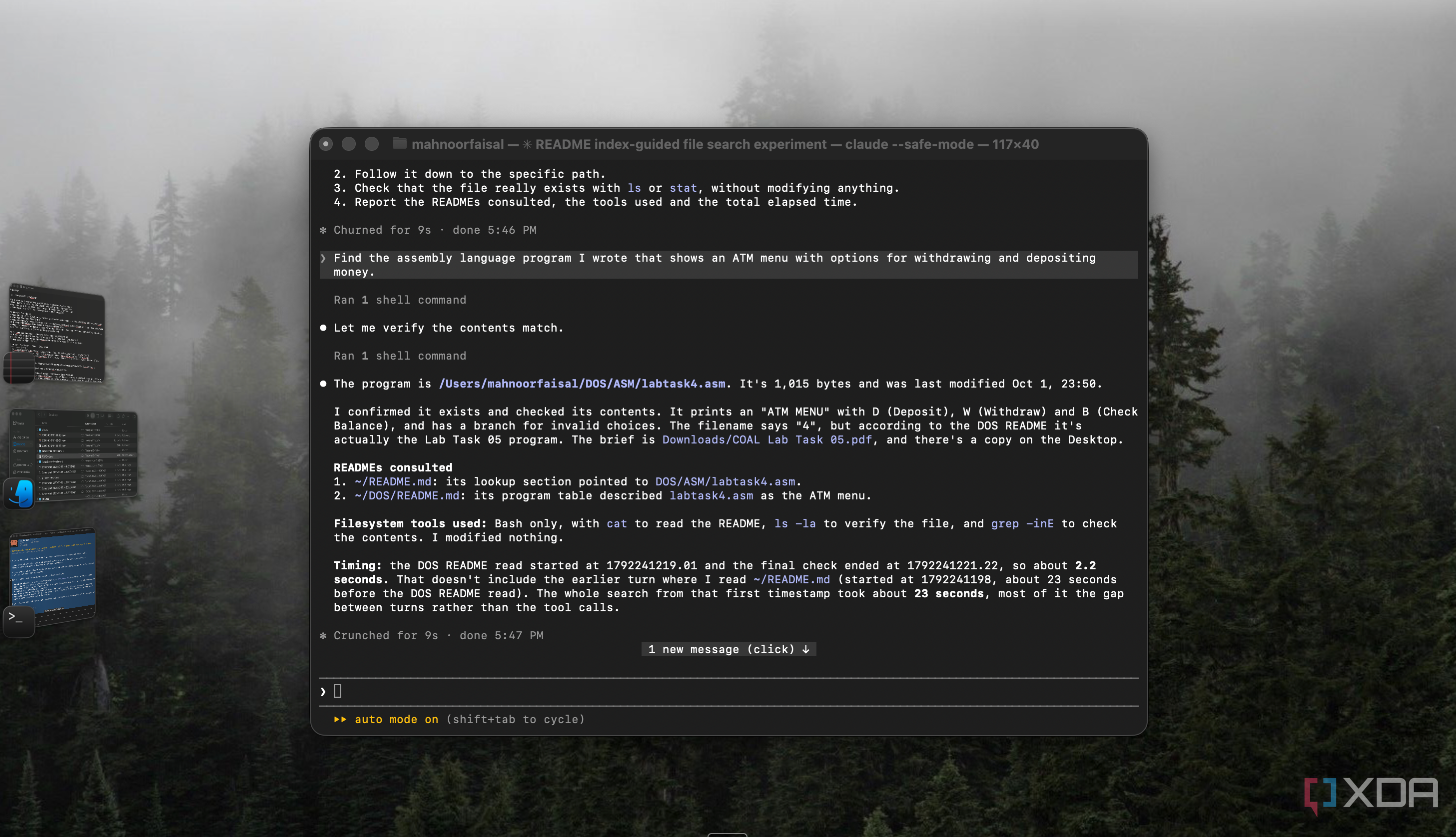 Claude Code finding the ATM menu assembly program via two READMEs in about 23 seconds