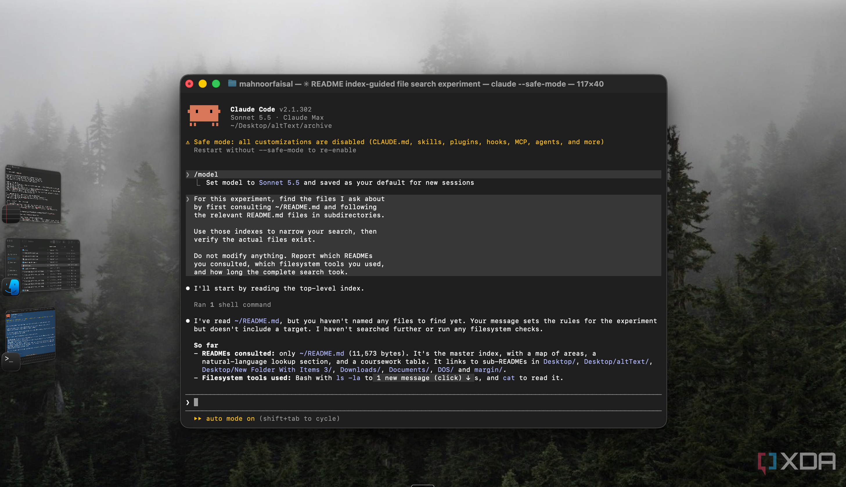 Claude Code in safe mode on Sonnet 5.5 reading the master README index for a file search test