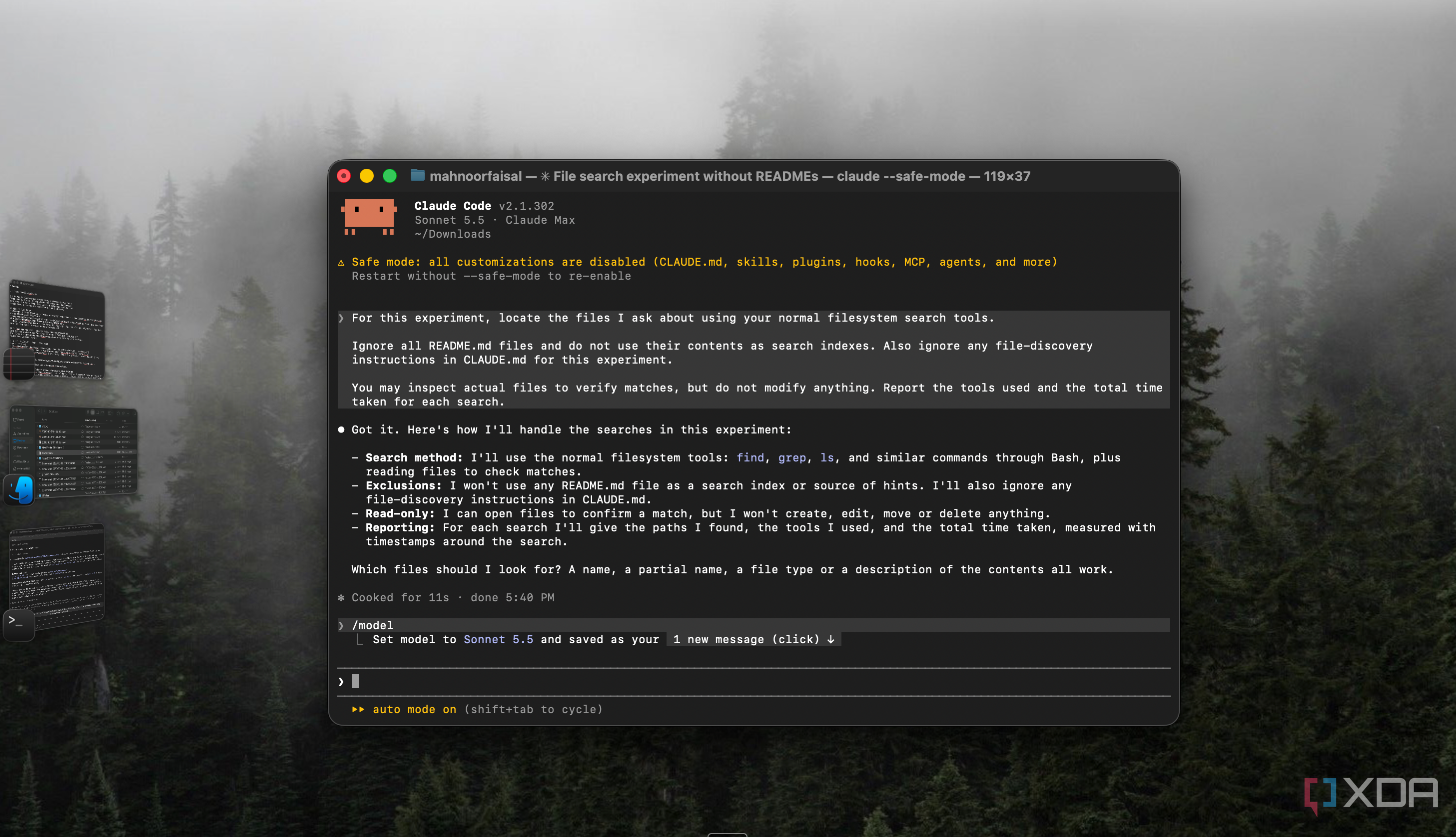 Claude Code in safe mode told to find files with normal search tools and ignore all READMEs