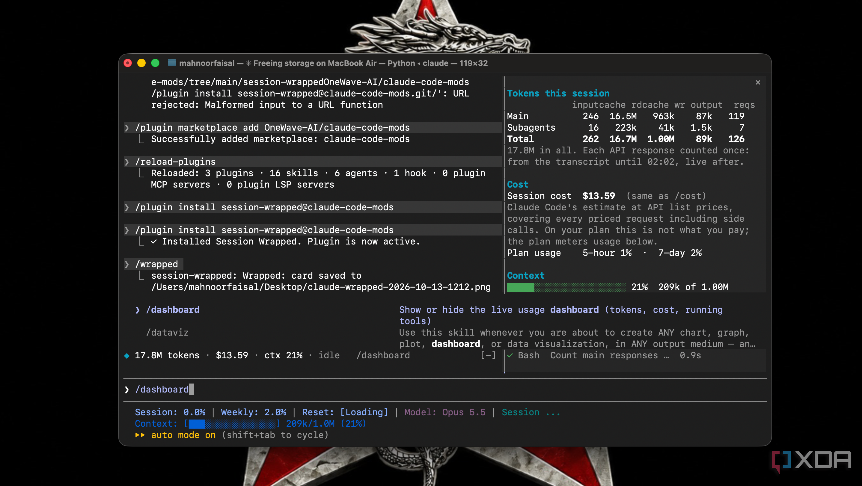 Claude Code installing the Session Wrapped plugin and typing the dashboard command