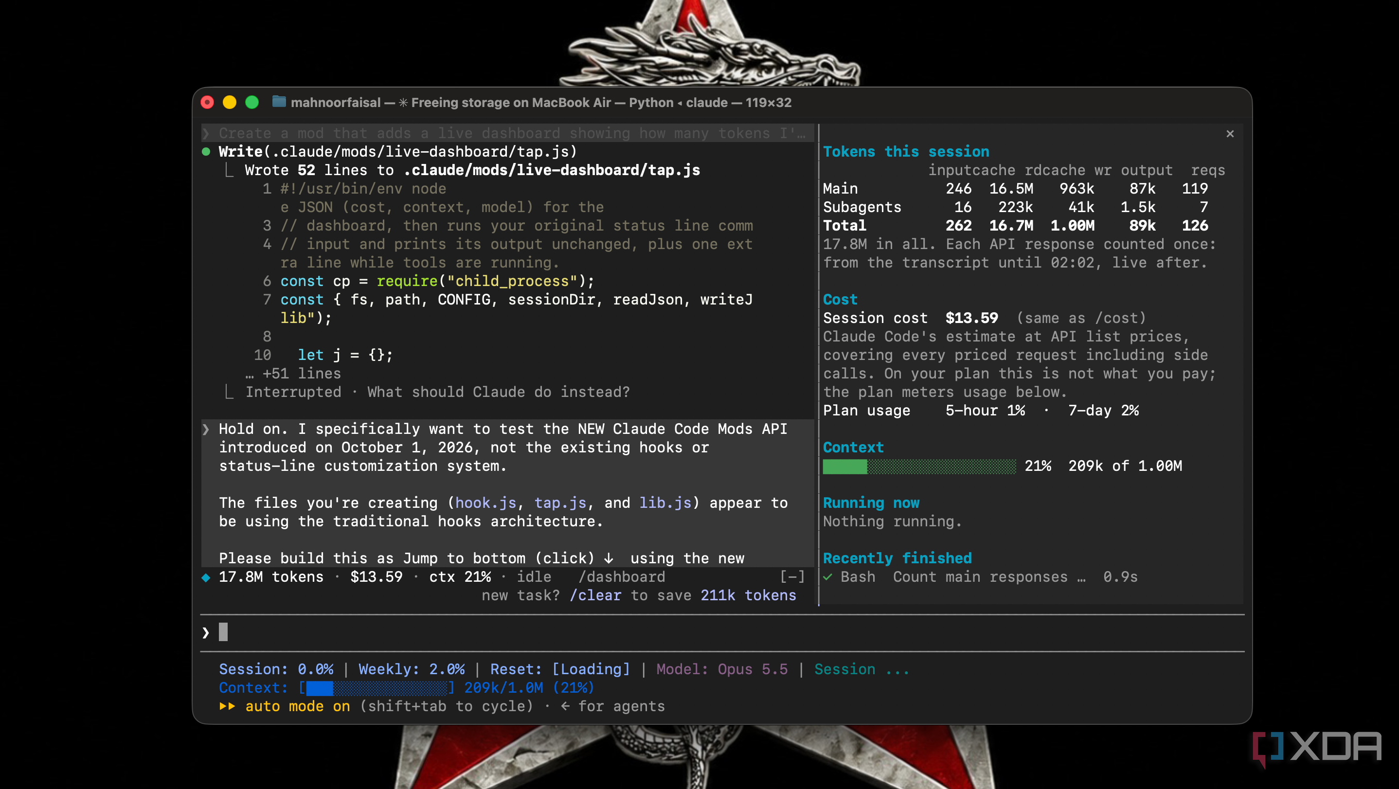 Claude Code interrupted writing tap.js as the user asks for the new Mods API instead