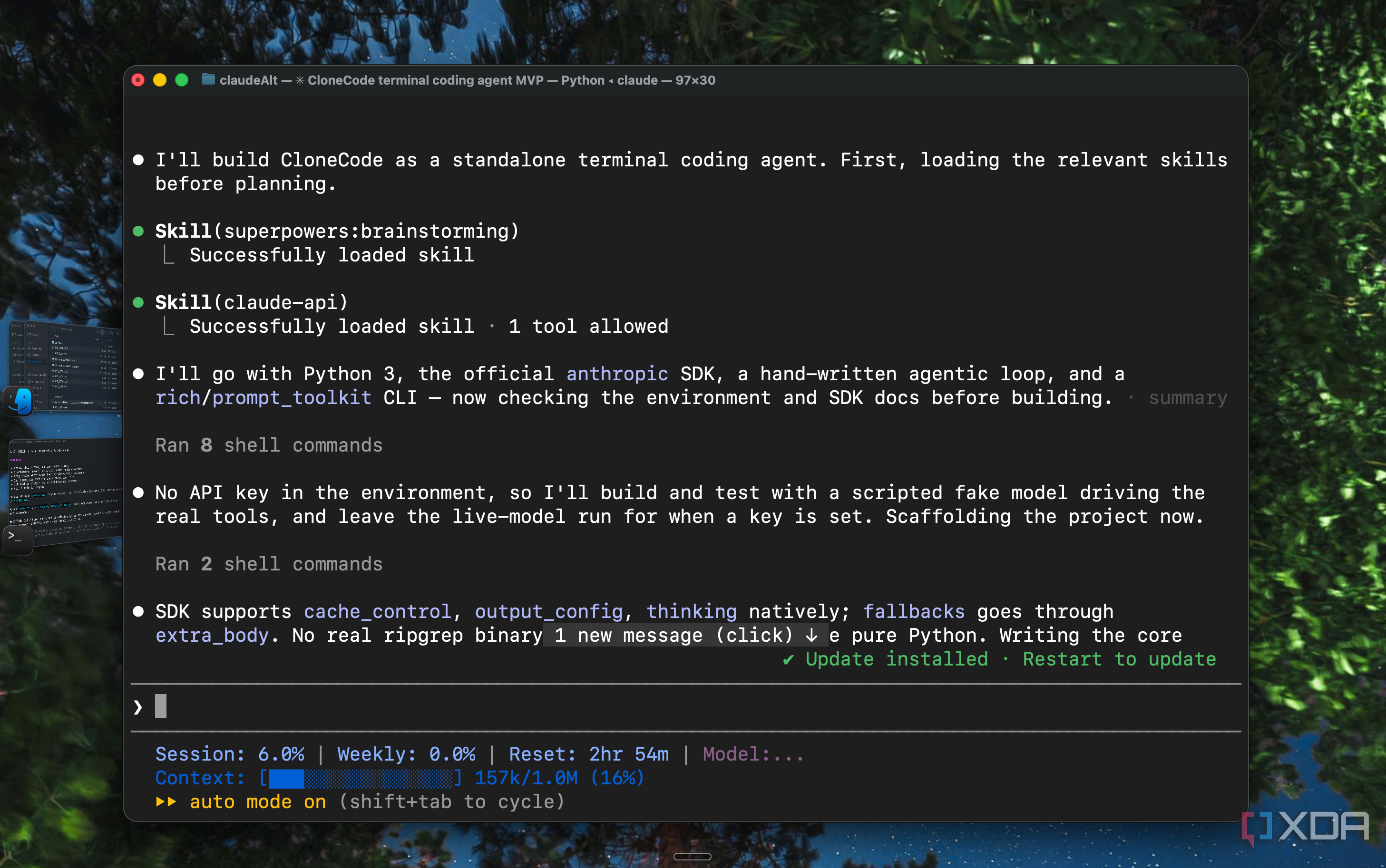 Claude Code loading skills and choosing Python with the Anthropic SDK to build CloneCode