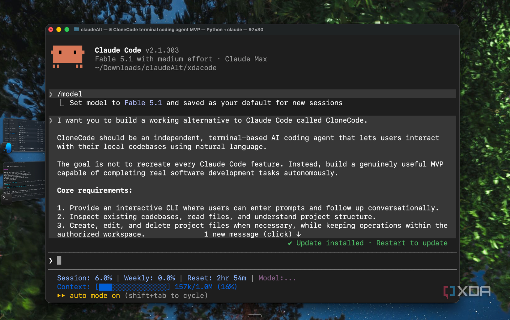 Claude Code on Fable 5.1 receiving the prompt to build a Claude Code alternative called CloneCode