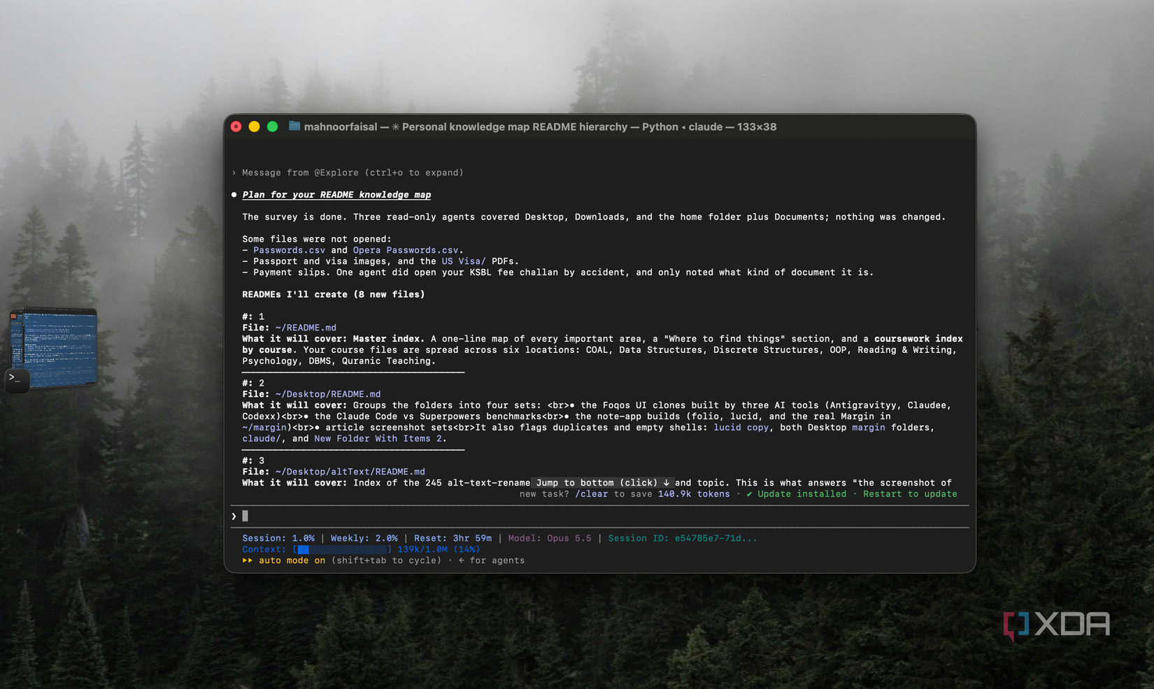 Claude Code plan for 8 new README files, listing sensitive files it chose not to open