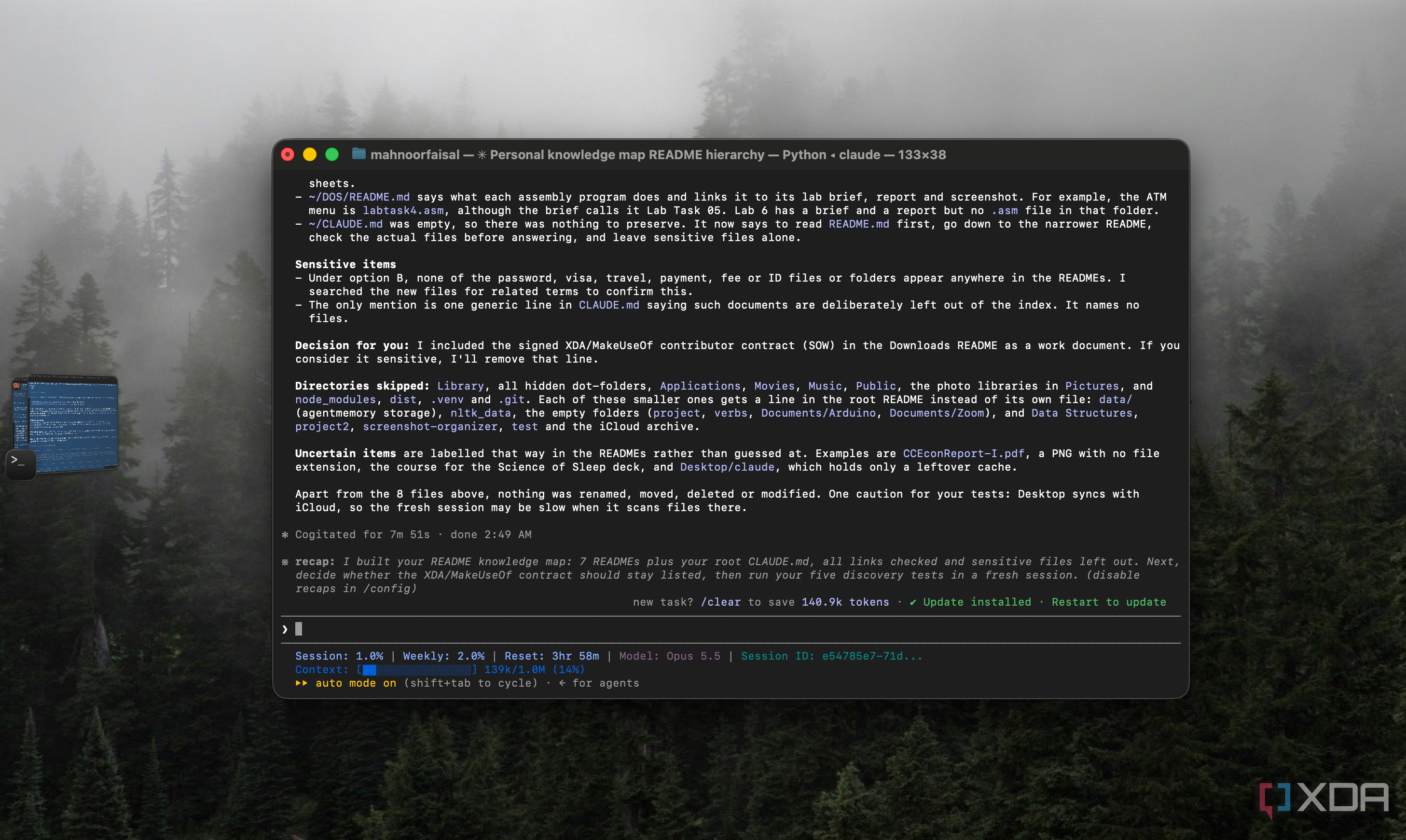 Claude Code recap listing skipped directories, uncertain items and a decision about a contract