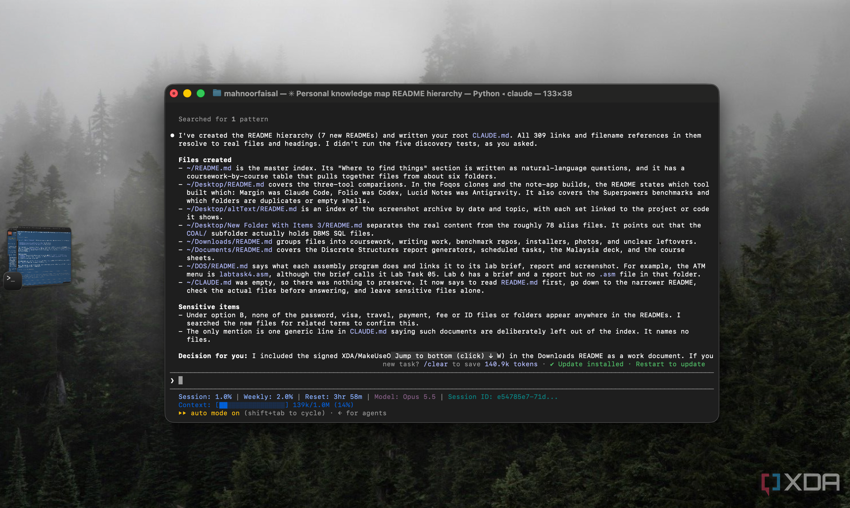 Claude Code reporting 7 new READMEs and a root CLAUDE.md with all 309 links verified