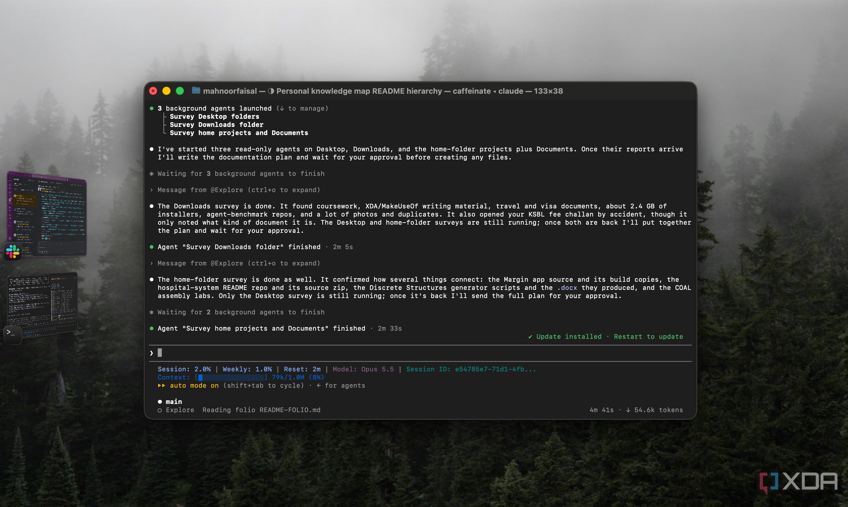 Claude Code reporting Downloads and home-folder survey results as background agents finish