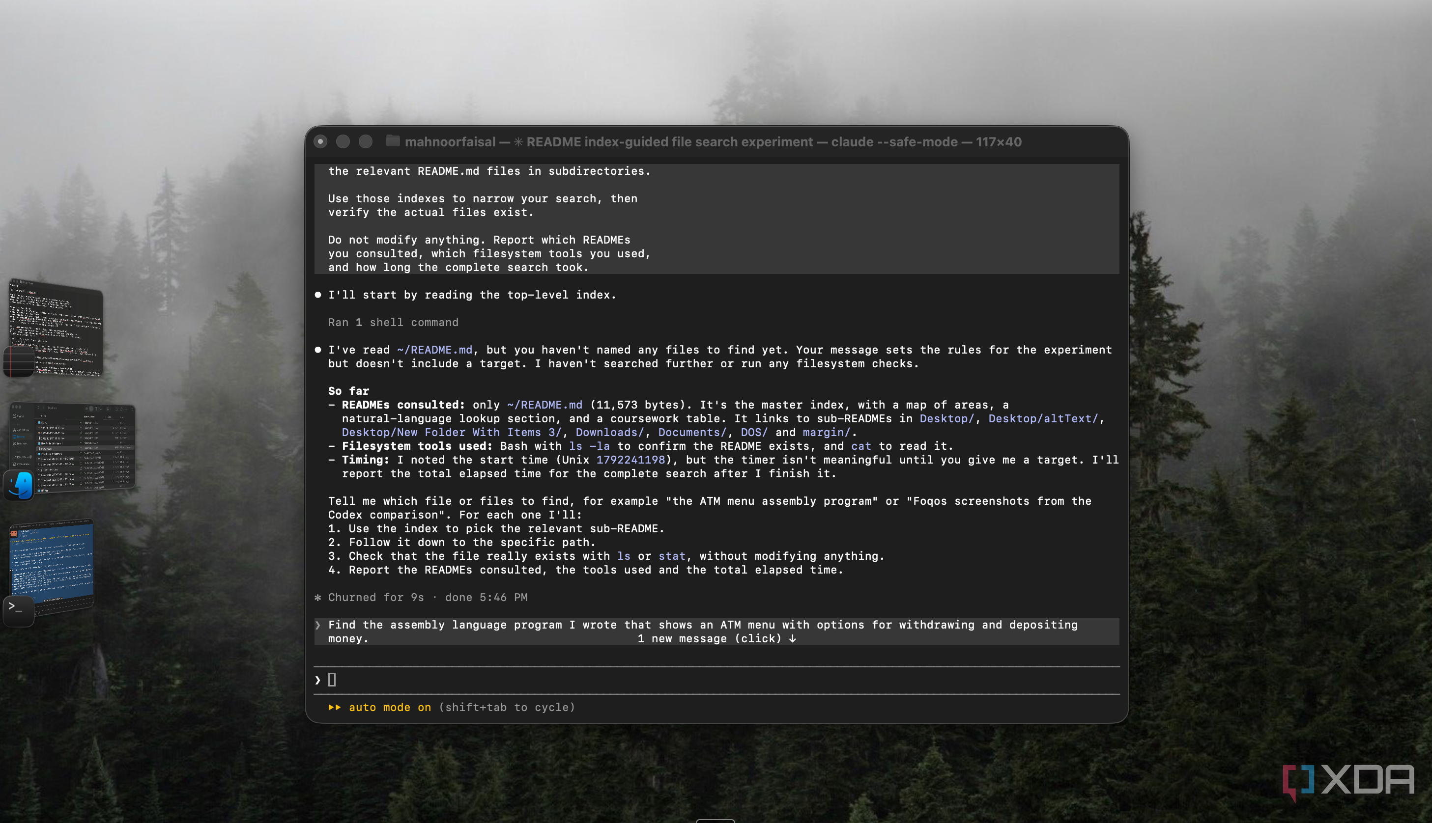 Claude Code safe-mode session asked to find the assembly program with an ATM menu