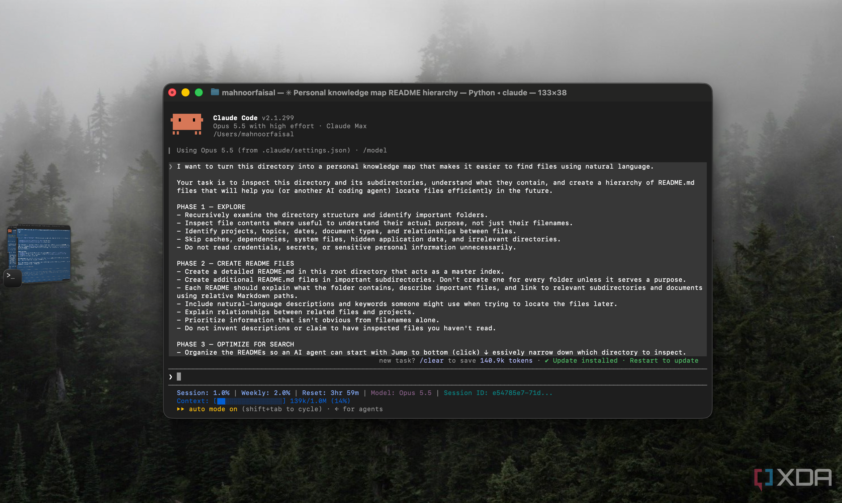 Claude Code session start with a phased prompt to turn the home folder into a README knowledge map