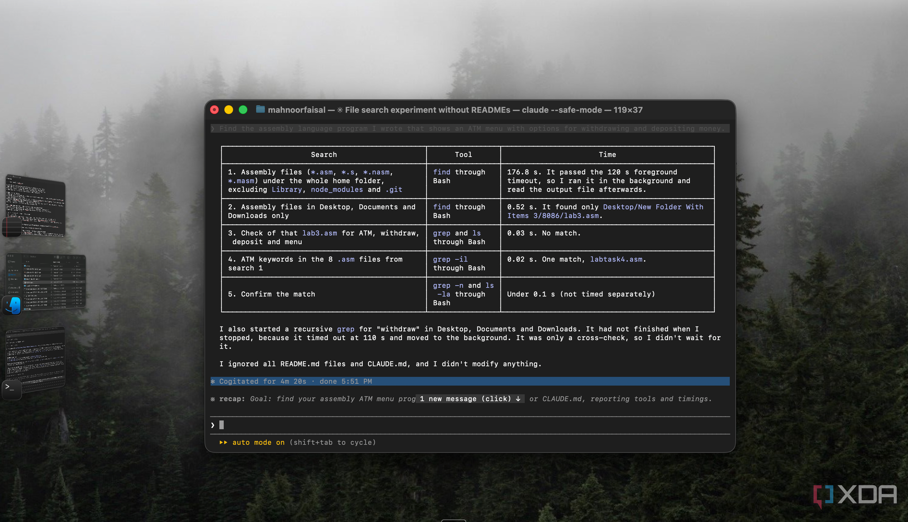 Claude Code table of search steps and timings, with a 176.8 second home folder find