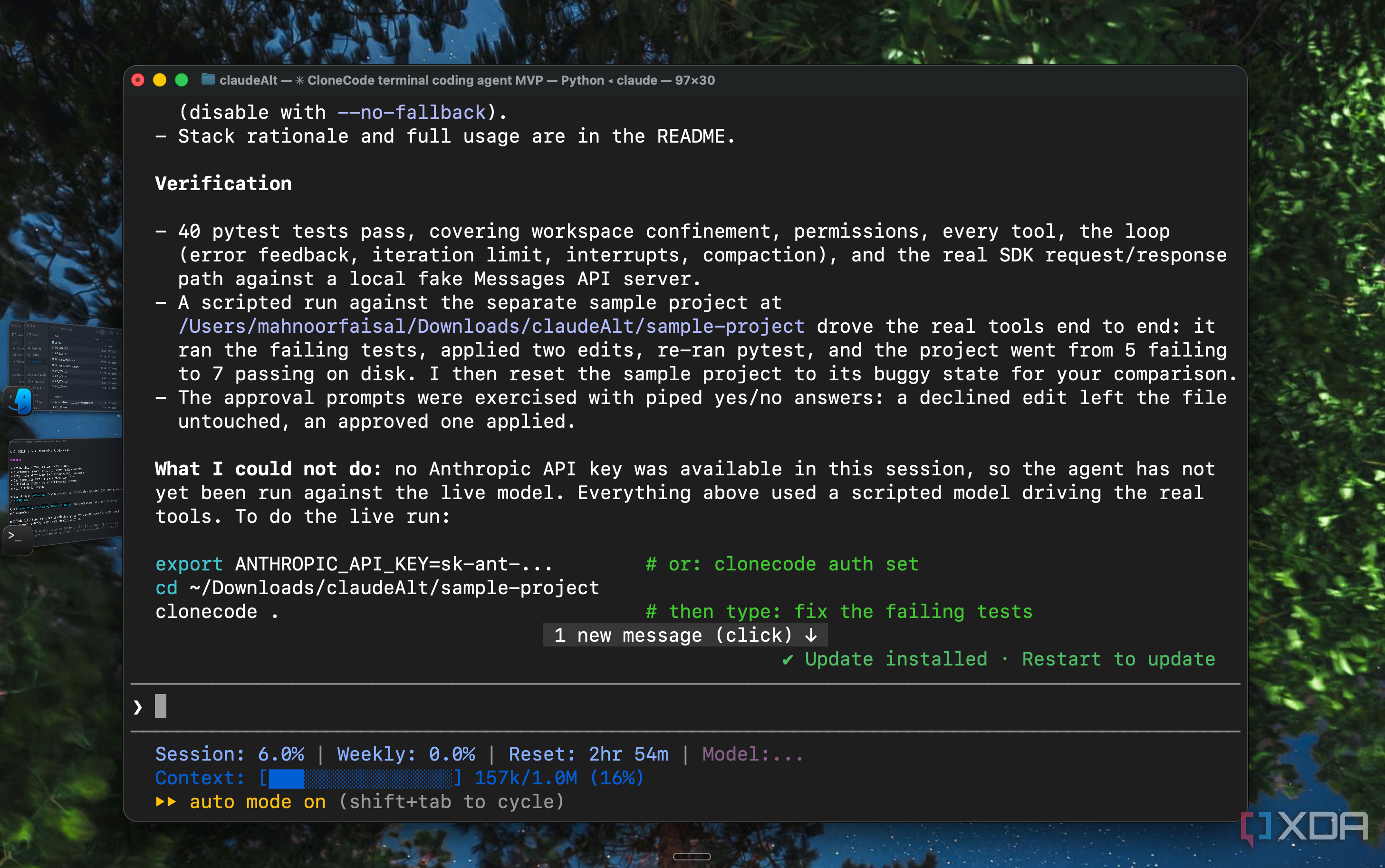 Claude Code verification summary for CloneCode with 40 passing tests and a sample project run