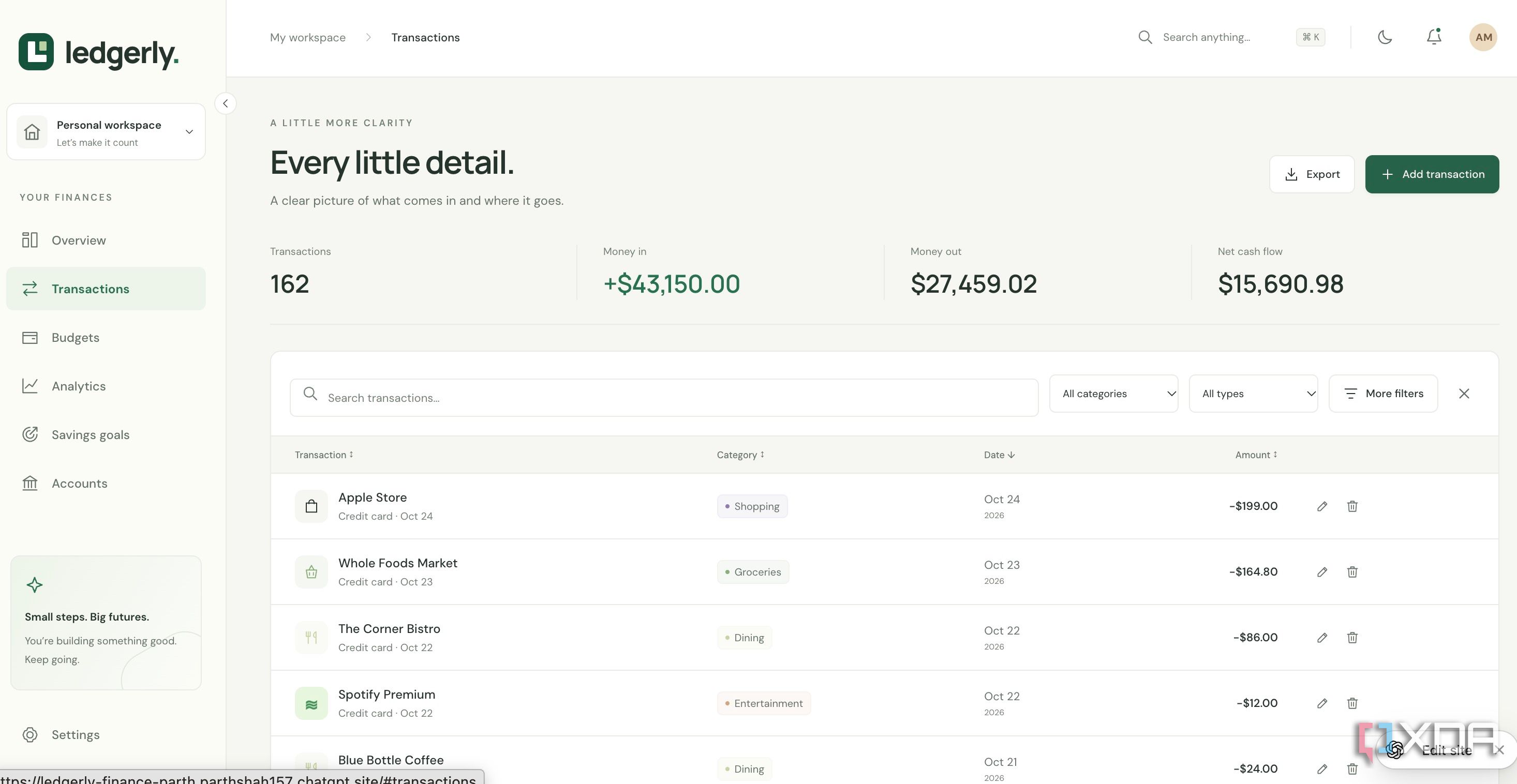 Codex creating transactions menu