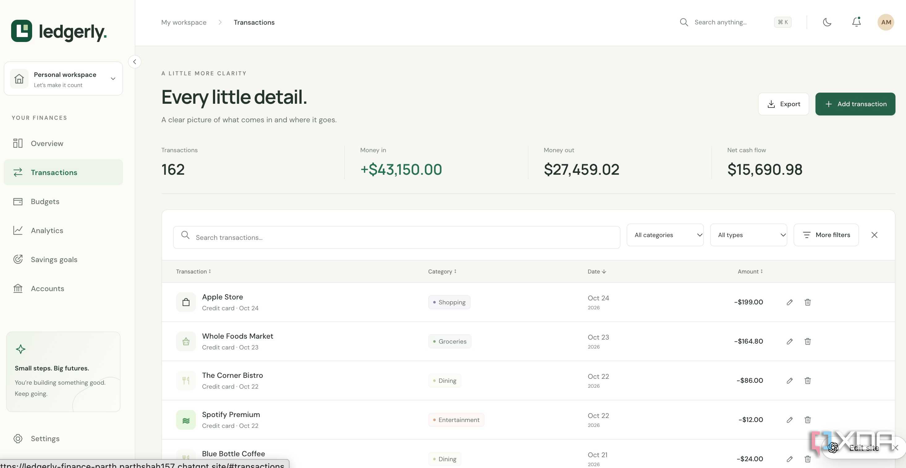 Codex creating transactions menu